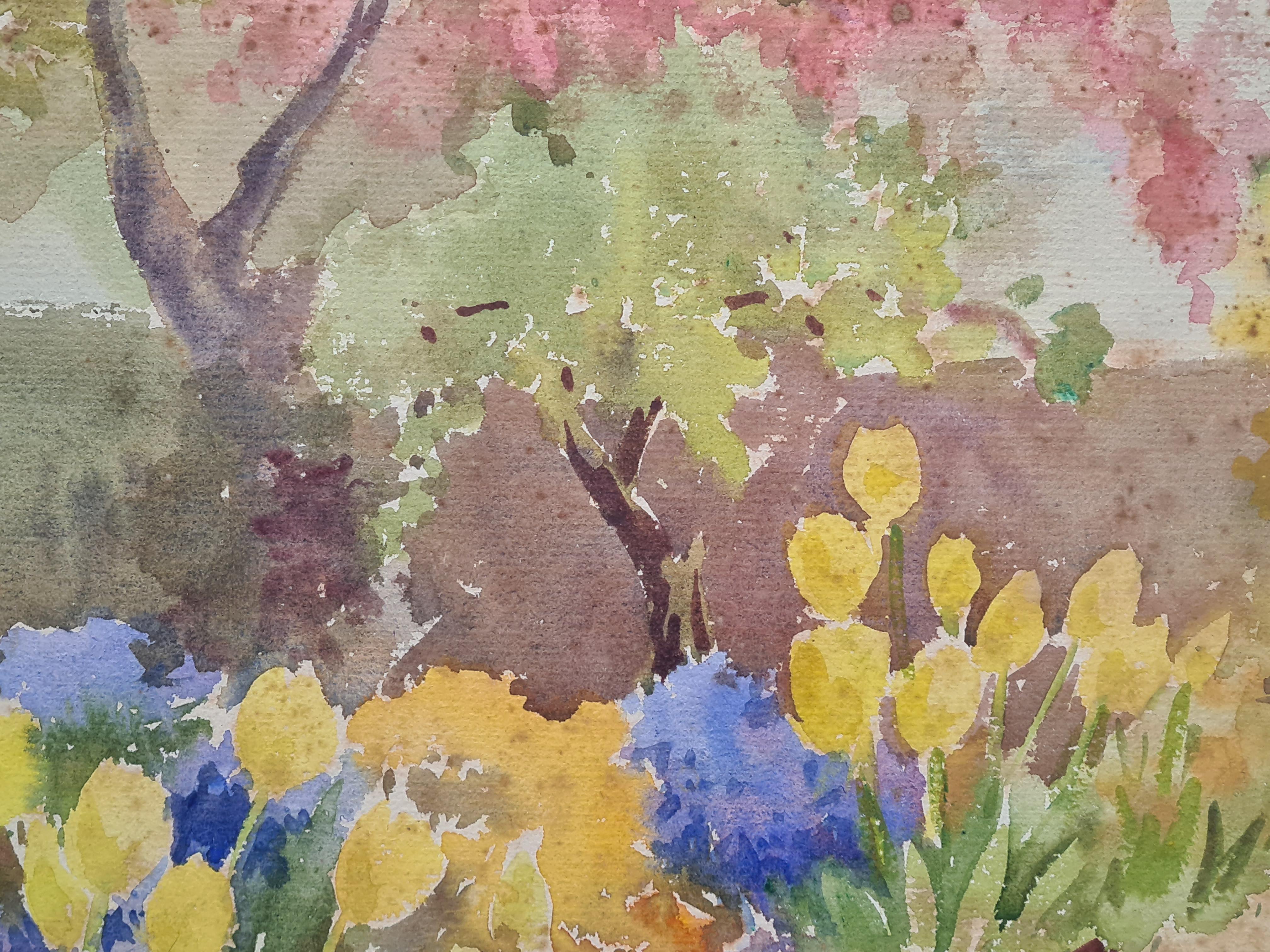 Coppia di vedute impressioniste di giardini mediterranei. Guazzo e acquerello su carta in vendita 11