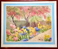 Coppia di vedute impressioniste di giardini mediterranei. Guazzo e acquerello su carta