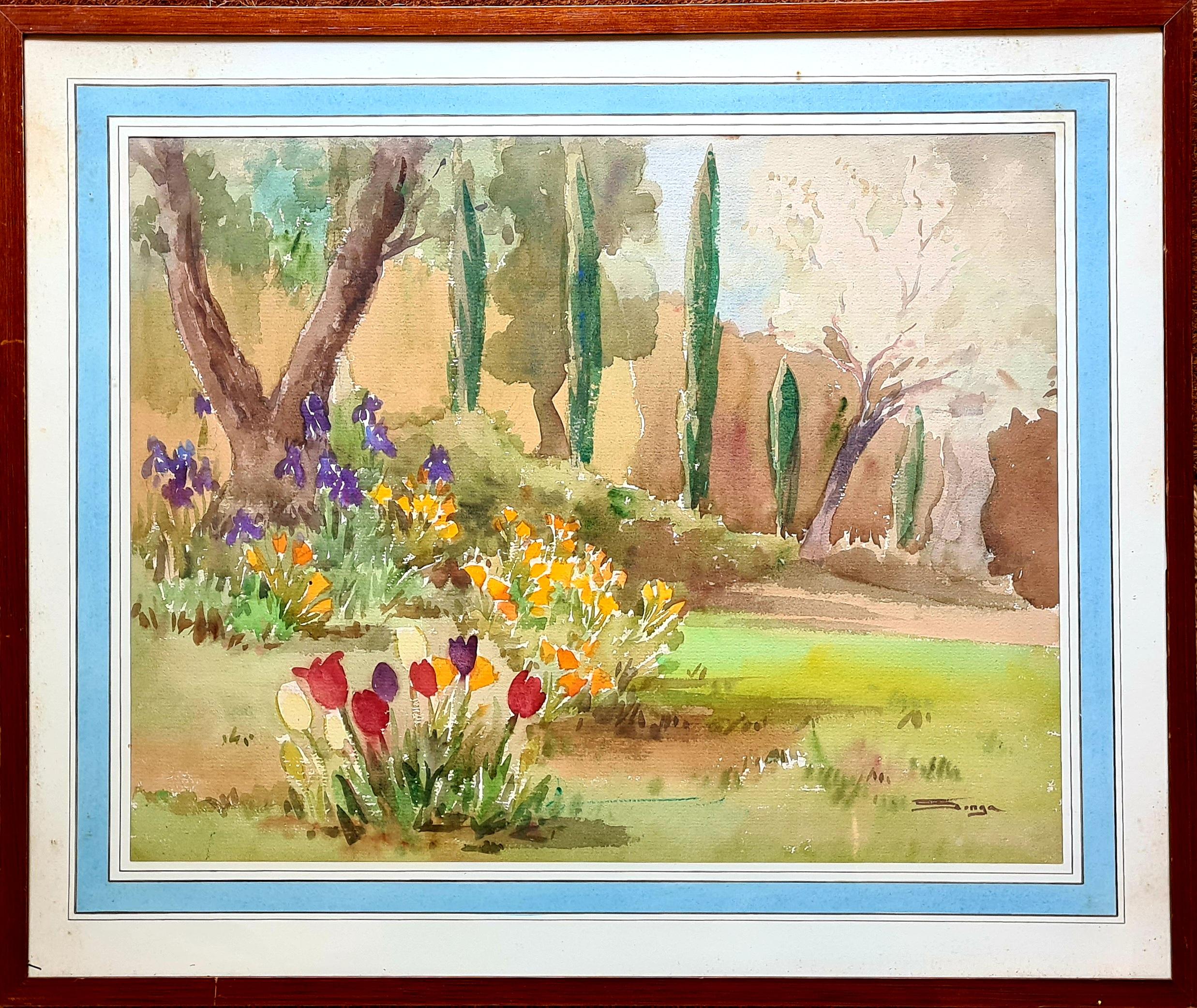 Coppia di vedute impressioniste di giardini mediterranei. Guazzo e acquerello su carta - Art Impressionismo di Songa