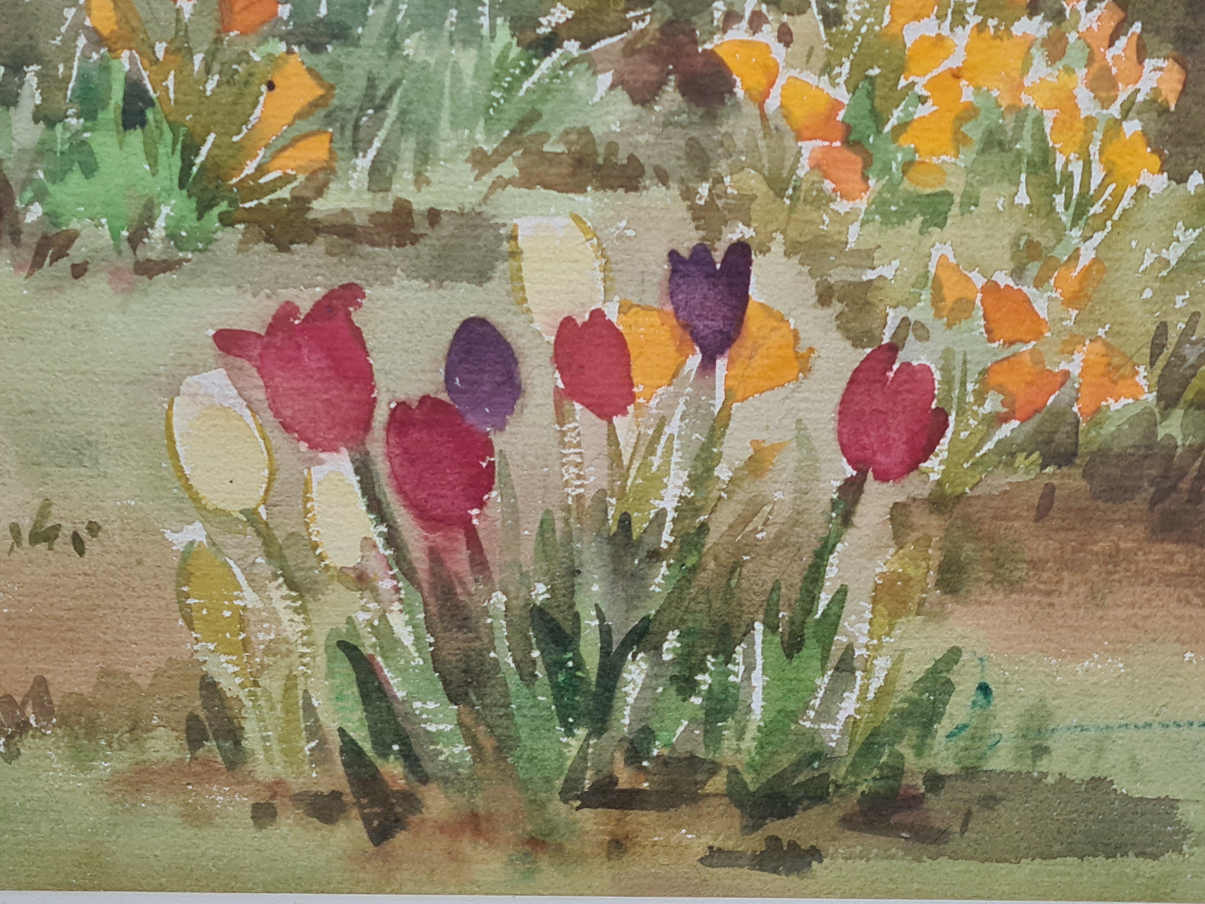 Coppia di vedute impressioniste di giardini mediterranei. Guazzo e acquerello su carta in vendita 1