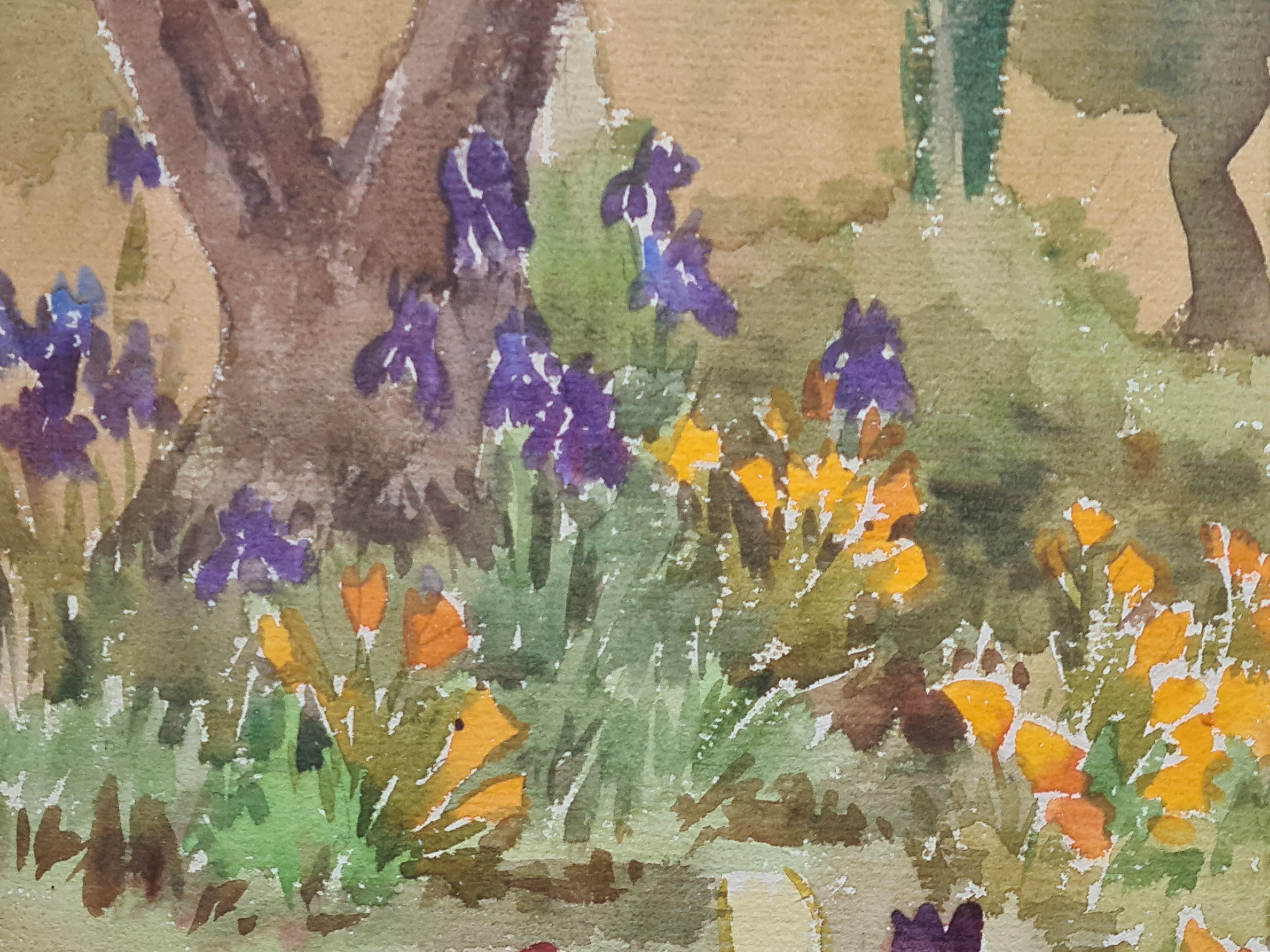 Coppia di vedute impressioniste di giardini mediterranei. Guazzo e acquerello su carta in vendita 2