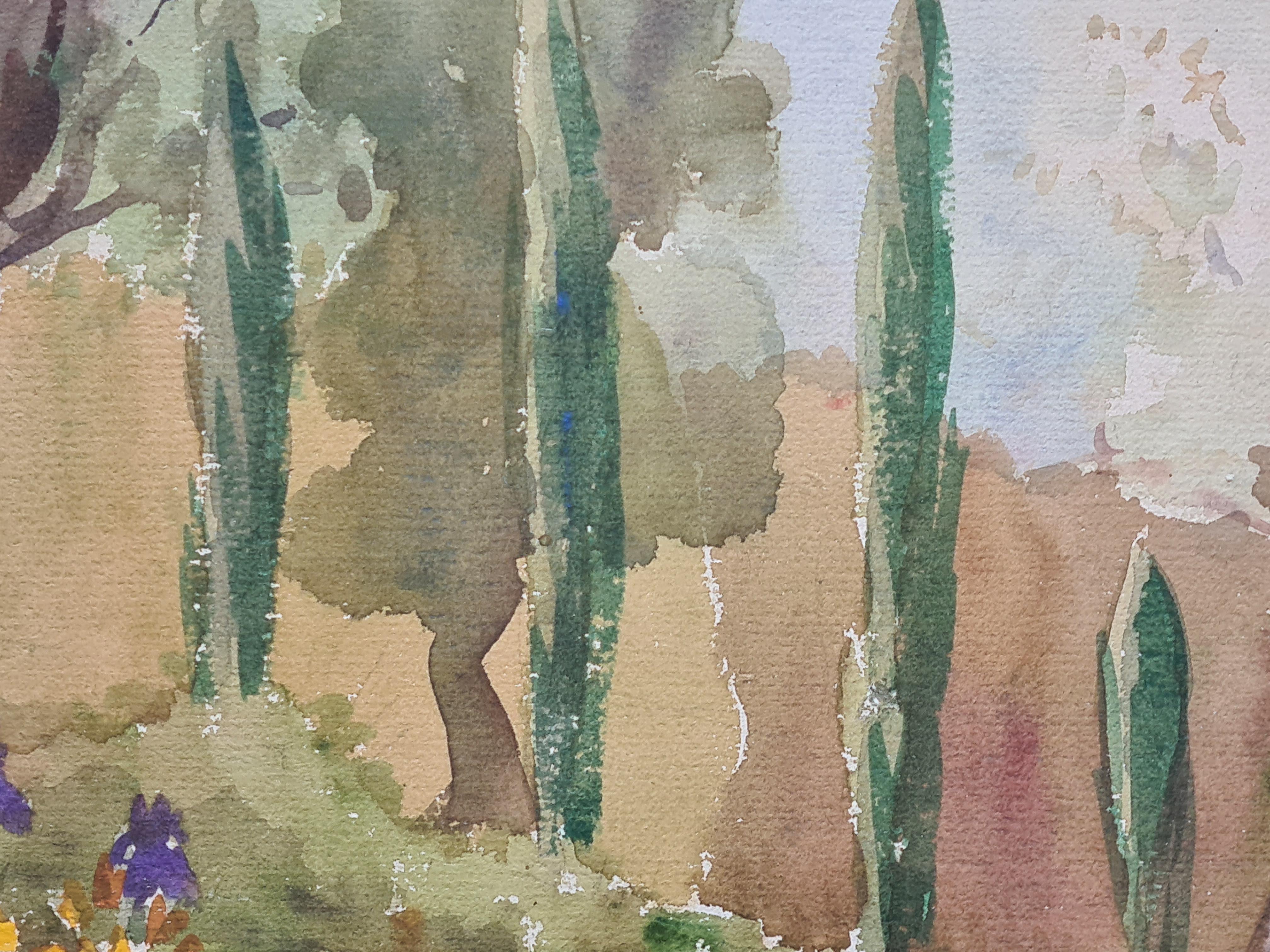 Coppia di vedute impressioniste di giardini mediterranei. Guazzo e acquerello su carta in vendita 3