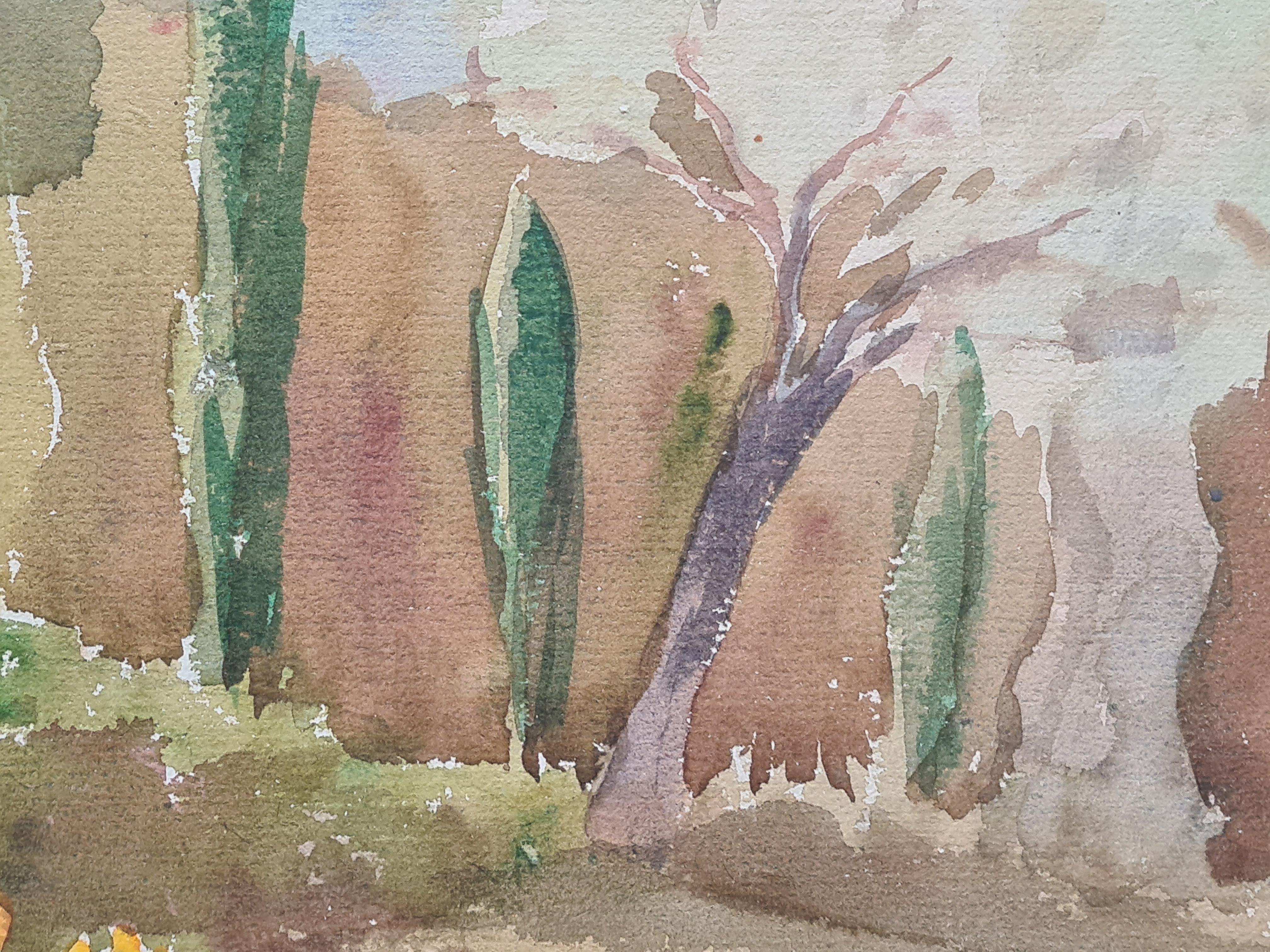 Coppia di vedute impressioniste di giardini mediterranei. Guazzo e acquerello su carta in vendita 4