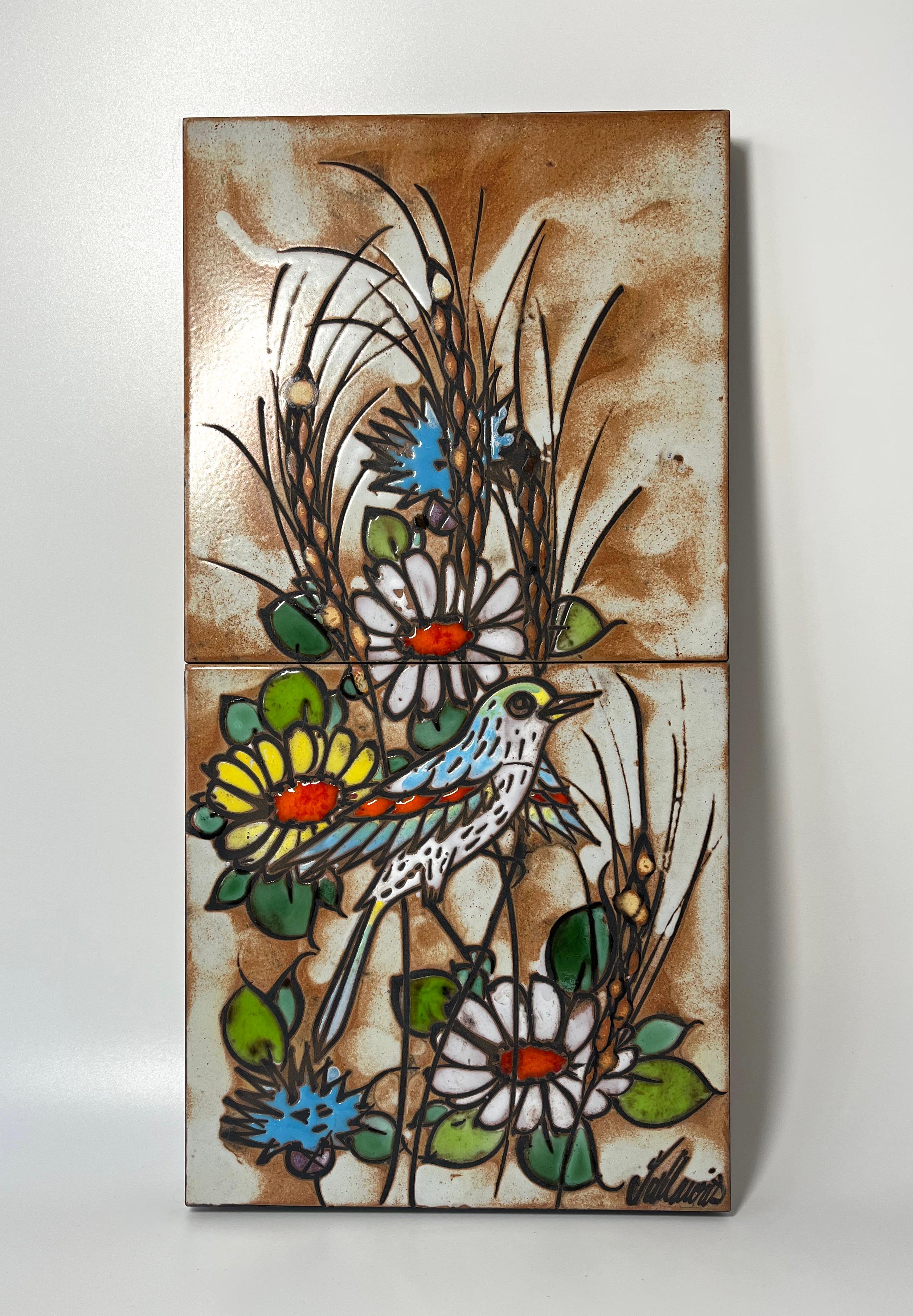Songbird and Daisies enamel and glazed ceramic tiles wall decoration, Vallauris, France c1960's
Vibrantly coloured enamel and glaze. 
Signed Vallauris
Height 16 inch, Width 8 inch
Each tile is 8 inch square
Mounted on MDF board with wall