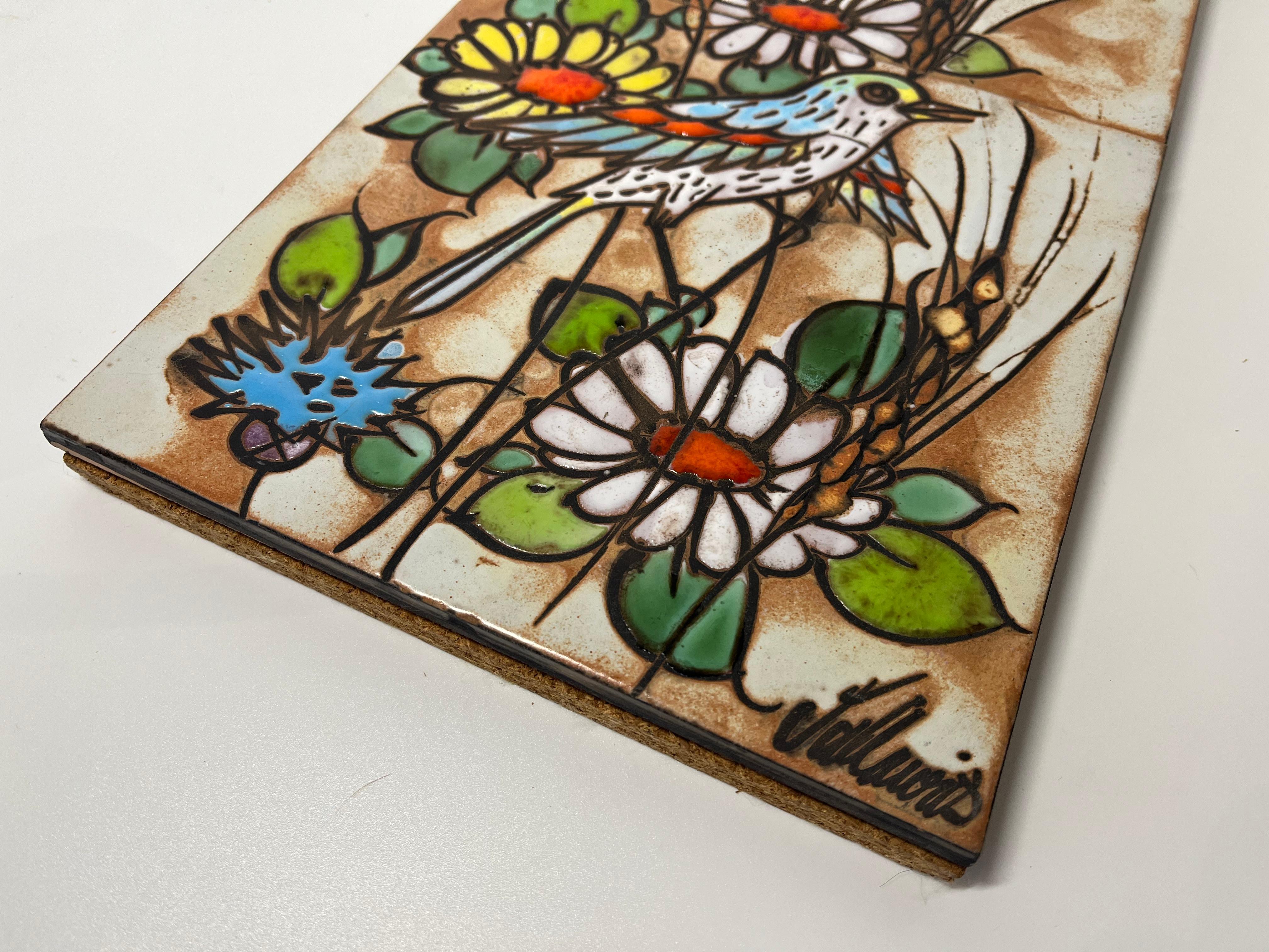 French Songbird and Daisies Vallauris Glazed Ceramic Tiles Enamel Wall Decoration c1960 For Sale