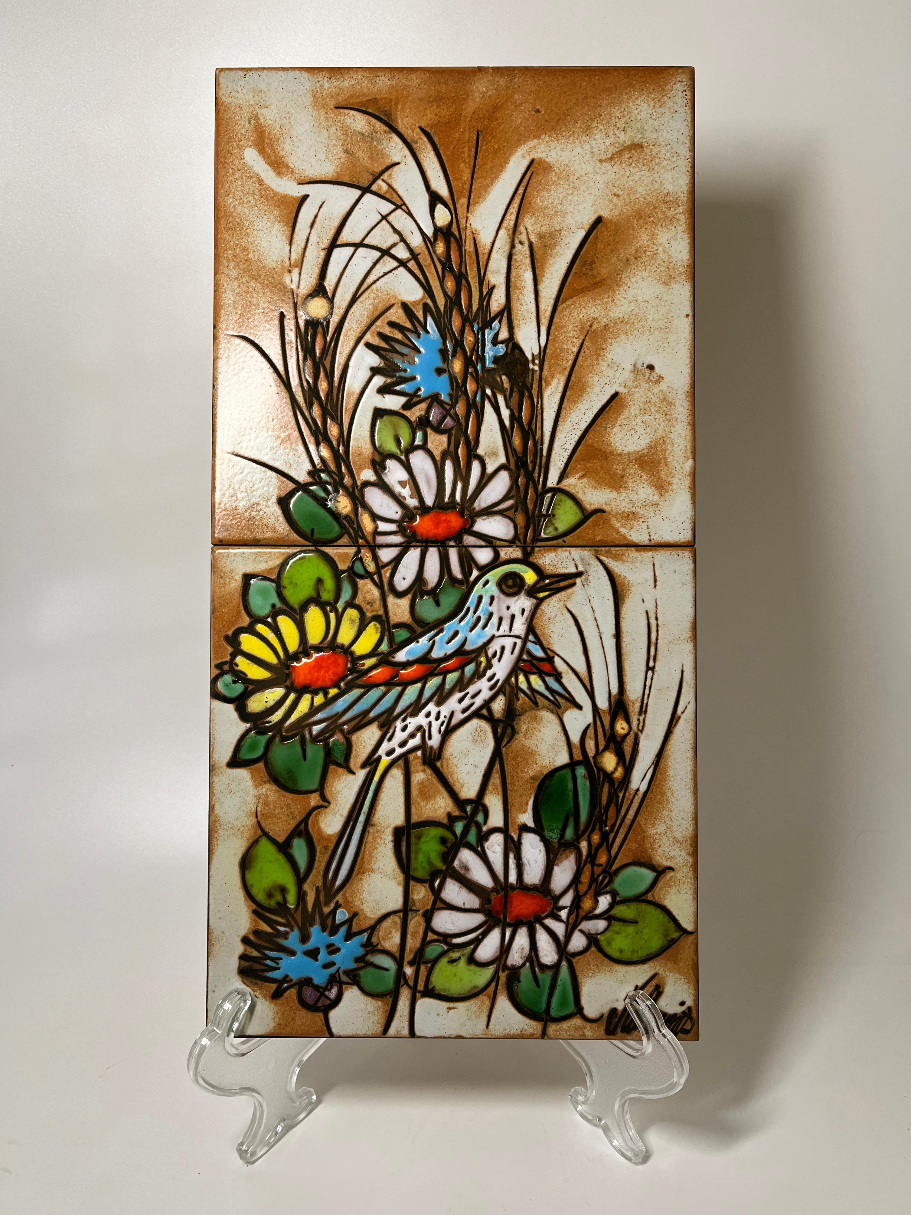 Hand-Painted Songbird and Daisies Vallauris Glazed Ceramic Tiles Enamel Wall Decoration c1960 For Sale