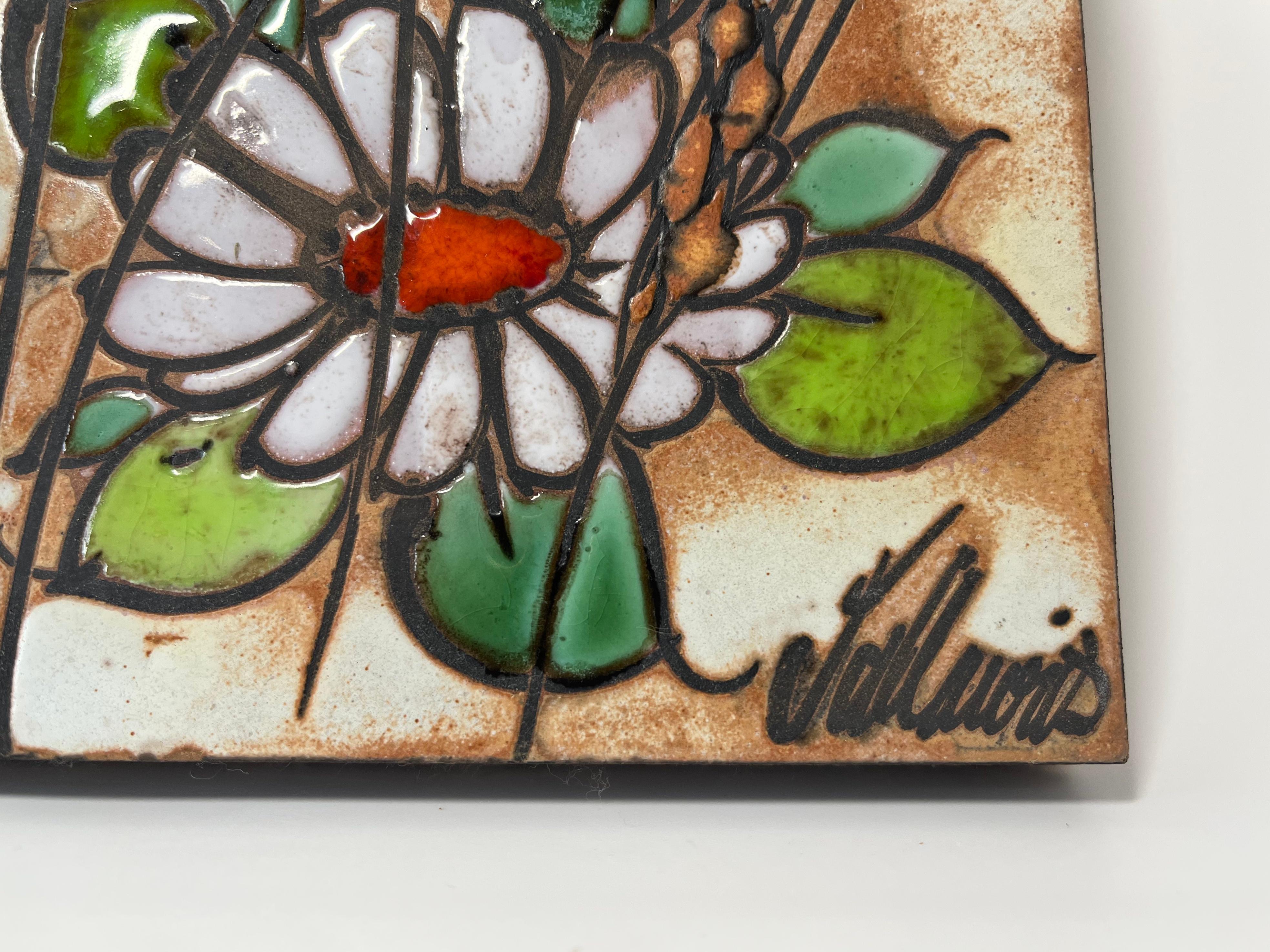 20th Century Songbird and Daisies Vallauris Glazed Ceramic Tiles Enamel Wall Decoration c1960 For Sale
