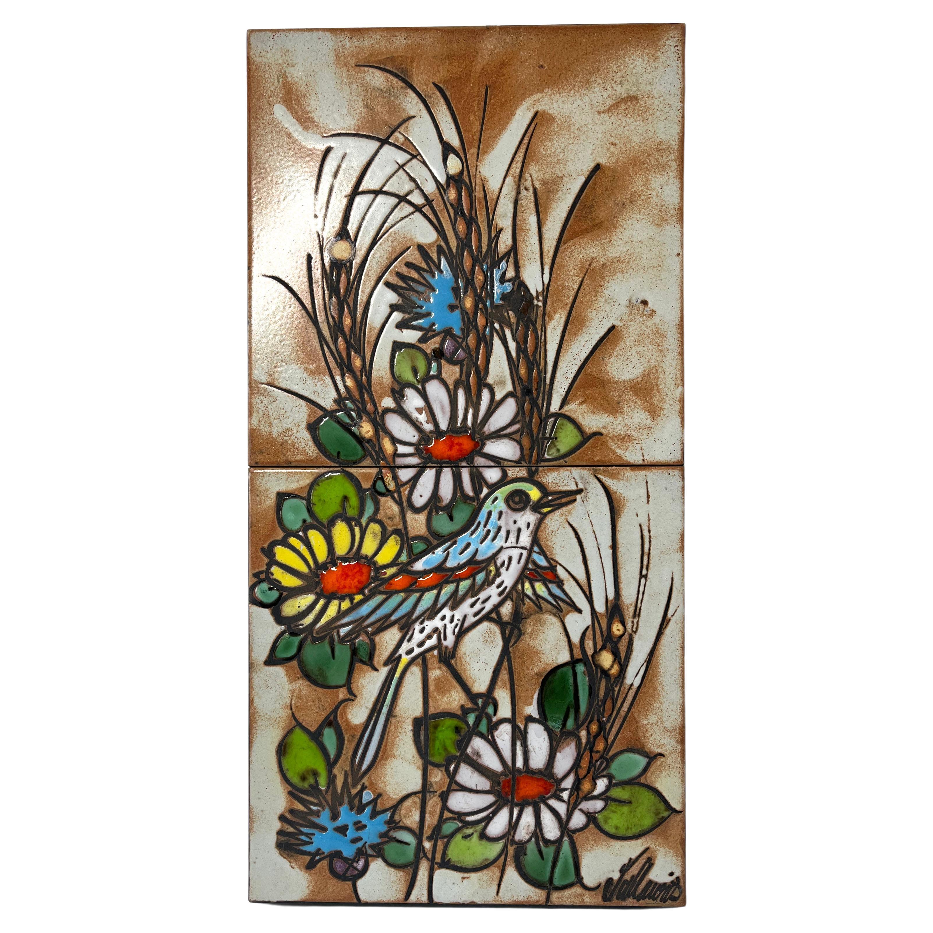 Songbird and Daisies Vallauris Glazed Ceramic Tiles Enamel Wall Decoration c1960 For Sale