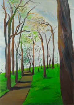 Songjun Hu Paesaggio Olio Originale Su Tela "Alberi spazzati dal vento su una collina"