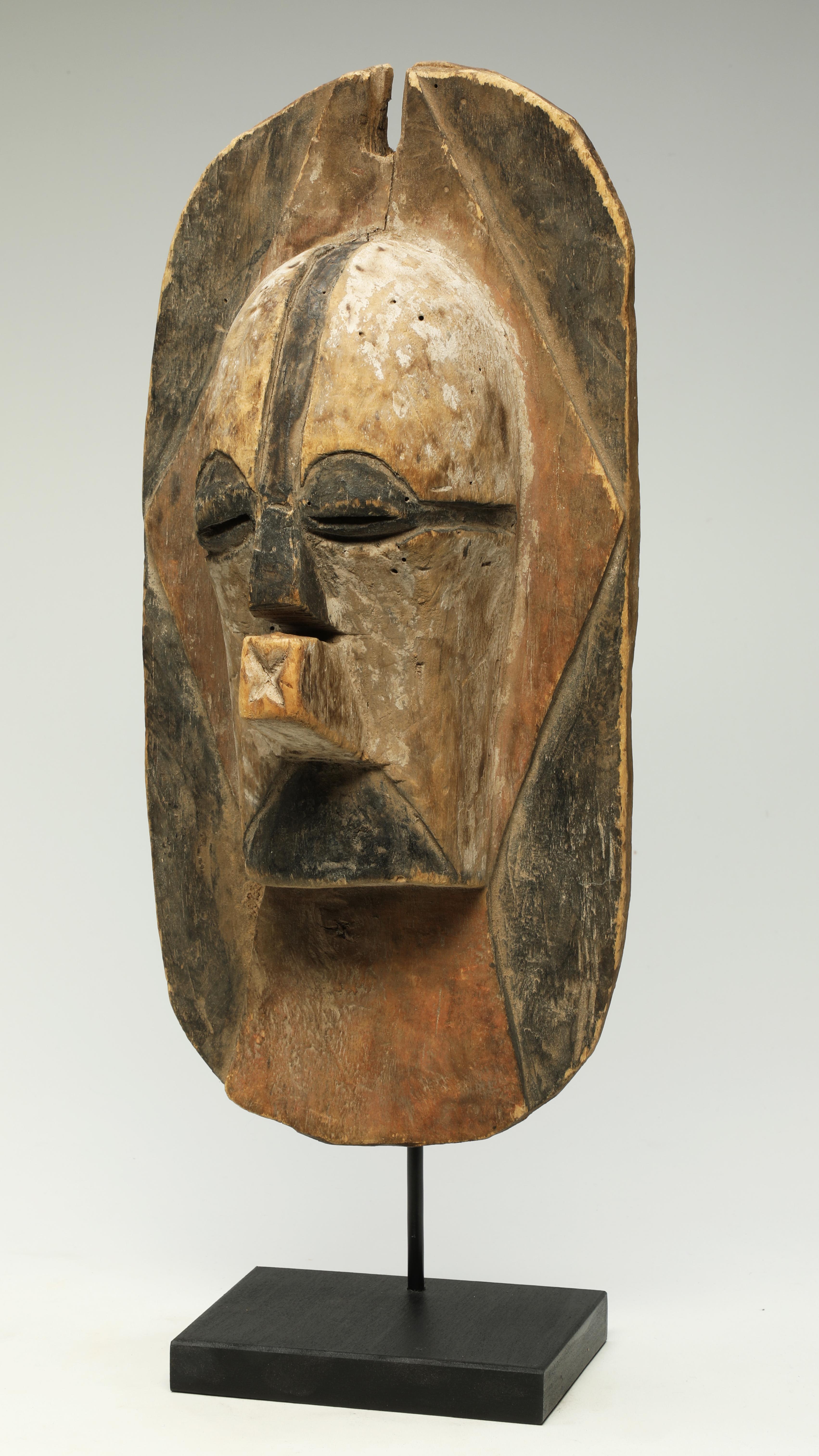Tribal Songye Luba Kifwebe Wood Mask Shield with White, Red and Black, Africa, Congo