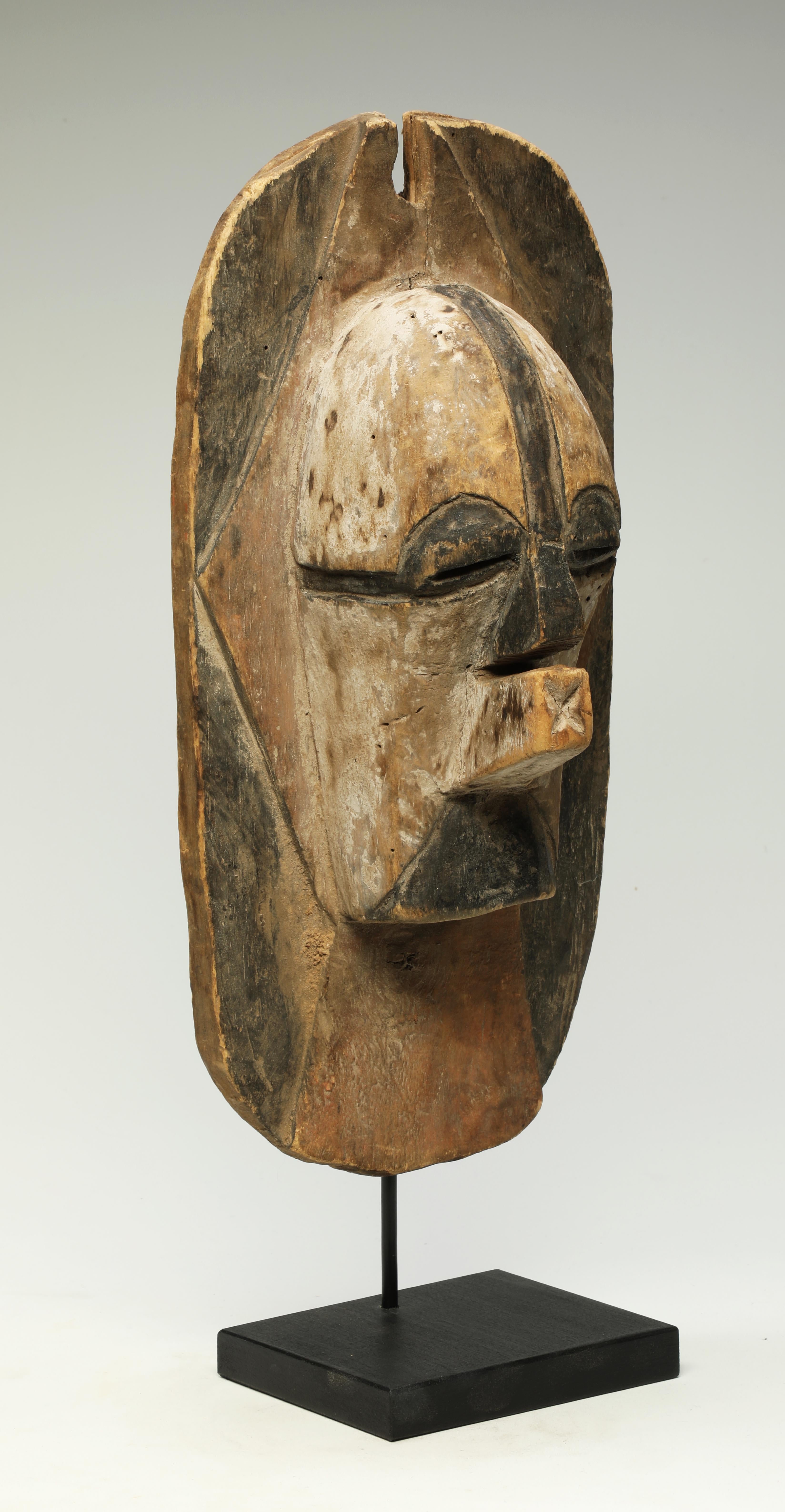 Hand-Carved Songye Luba Kifwebe Wood Mask Shield with White, Red and Black, Africa, Congo