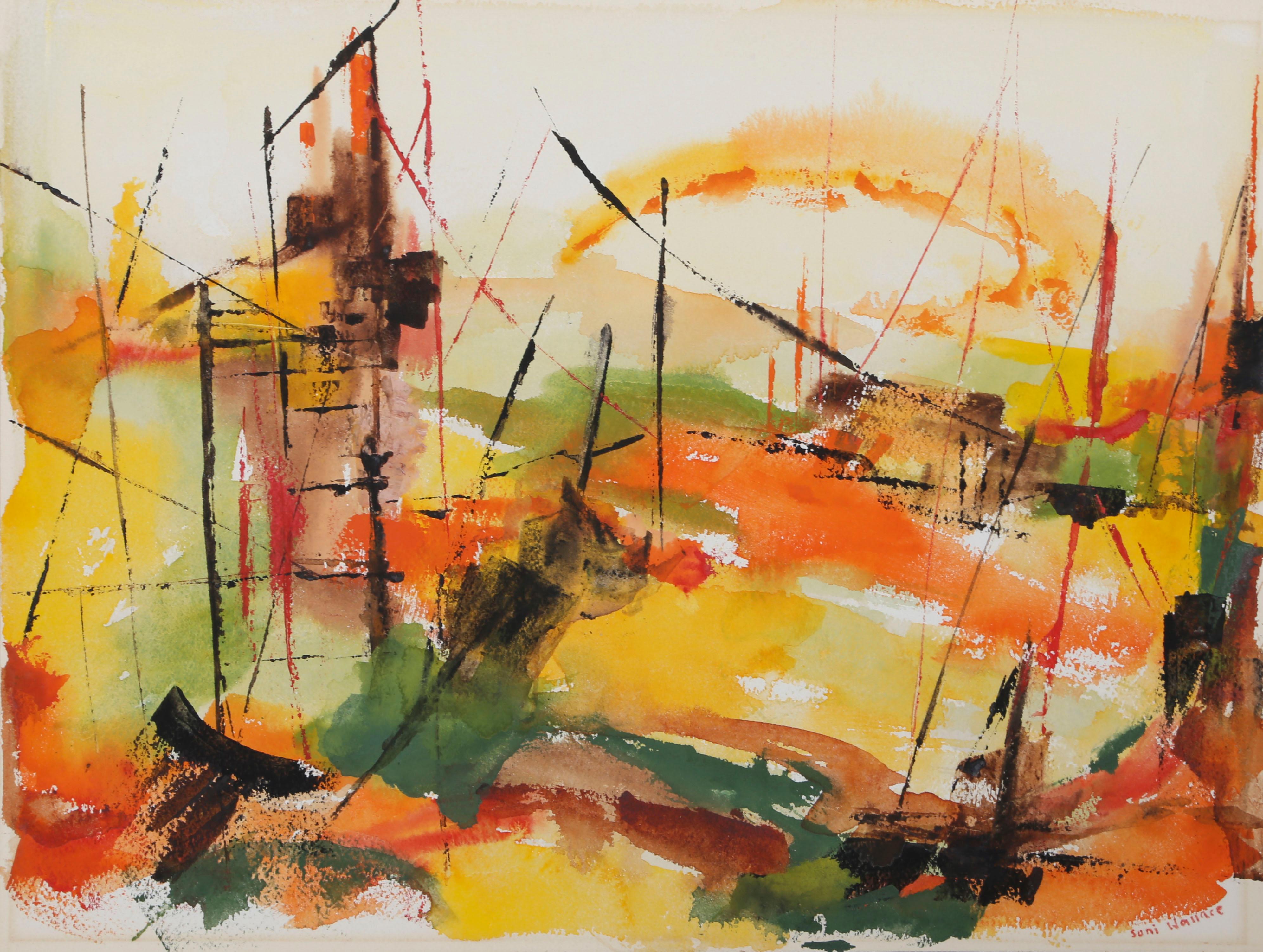 Artist: Soni Wallace
Title: Untitled - Abstract City
Year: circa 1962
Medium: Watercolor, signed 
Size: 12 x 16 in. (30.48 x 40.64 cm)