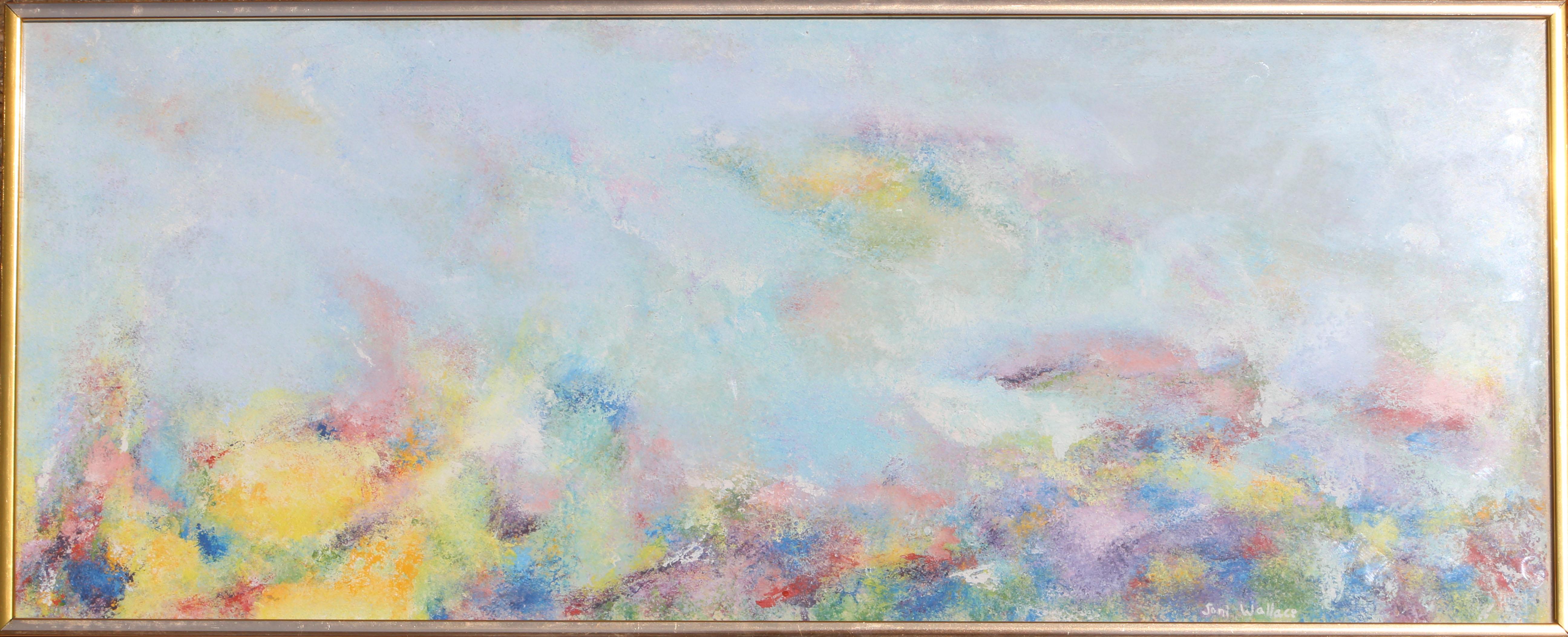A hazy rendition of a flower garden by Soni Wallace, with the colors blending and folding in on one another. Framed behind glass, this pastel-toned painting represents a more fleeting and delicate side of Wallace's normally stark abstract