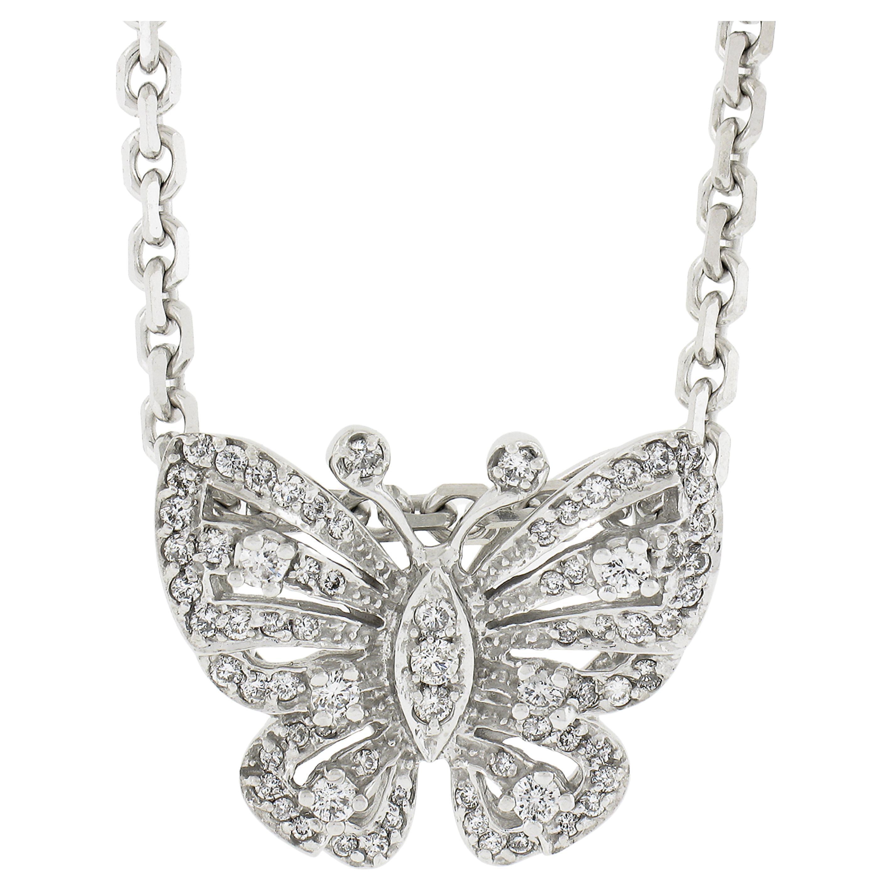 Sonia B. 14k White Gold 0.75ctw Diamond Butterfly Pendant on 17" Beveled Chain For Sale
