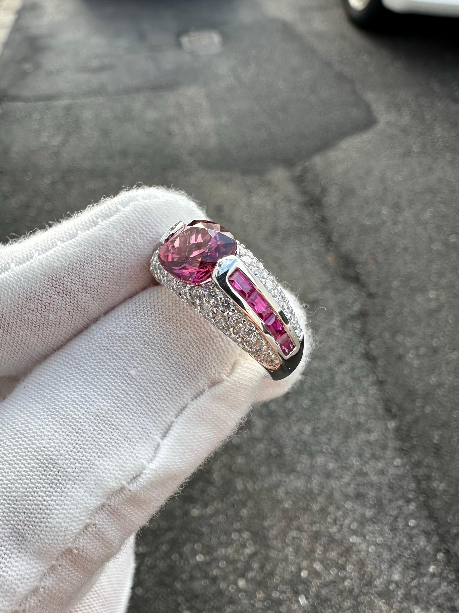 Cushion Cut Sonia B. 18k Gold Cushion Pink Tourmaline Solitaire Spinel & Diamond Band Ring For Sale