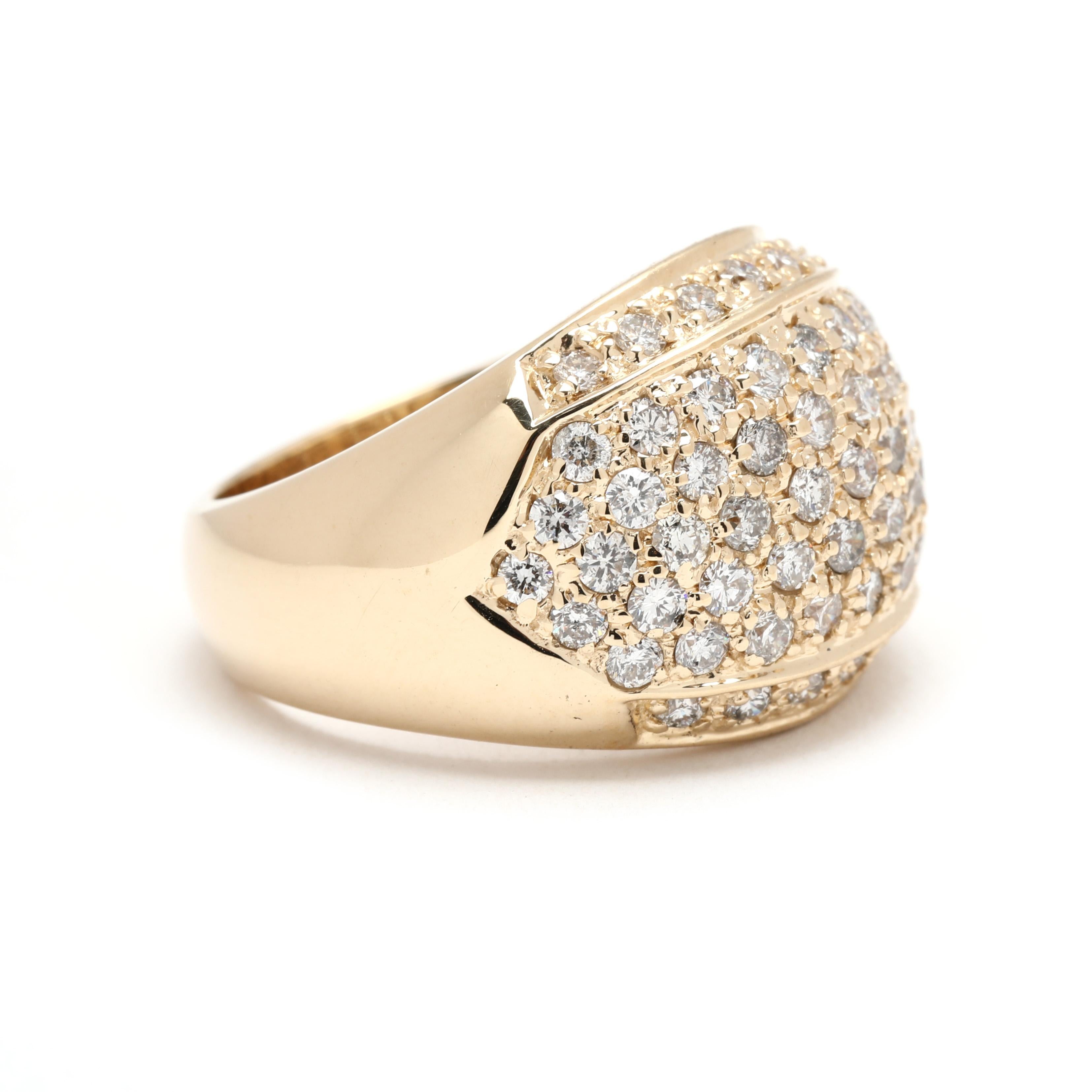 Stones:
diamonds, 63 stones
round brilliant cut
1.6 - 1.75 mm
approximately 1 total carats
H-I color, SI1-I1 clarity

Ring Size 6.75

Width: 15.3 mm

Weight: 7.2 dwts. / 11.1 grams

Stamps: 
