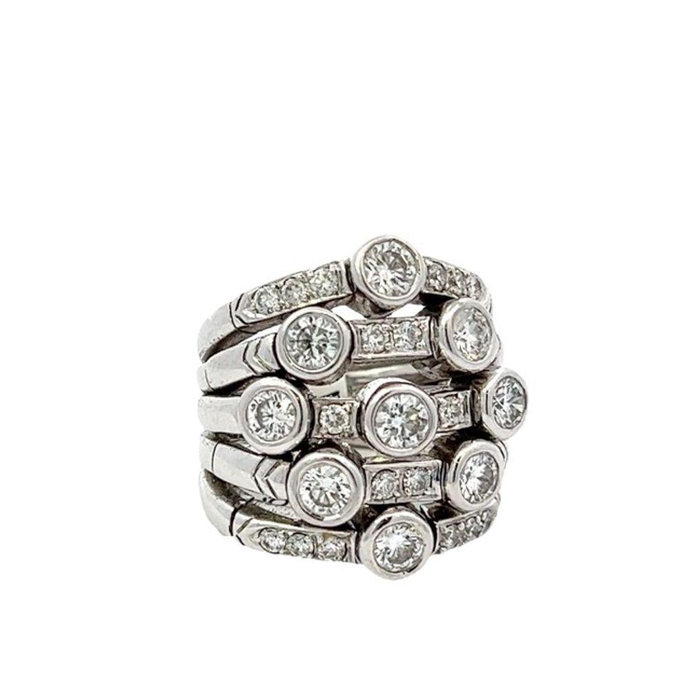 Crafted in 18k white gold, this multiband flex ring by Sonia B features a stunning arrangement of 27 round brilliant diamonds weighing an estimated 2.25 carats total weight.   
One of the standout features of this ring is the illusion of five bands