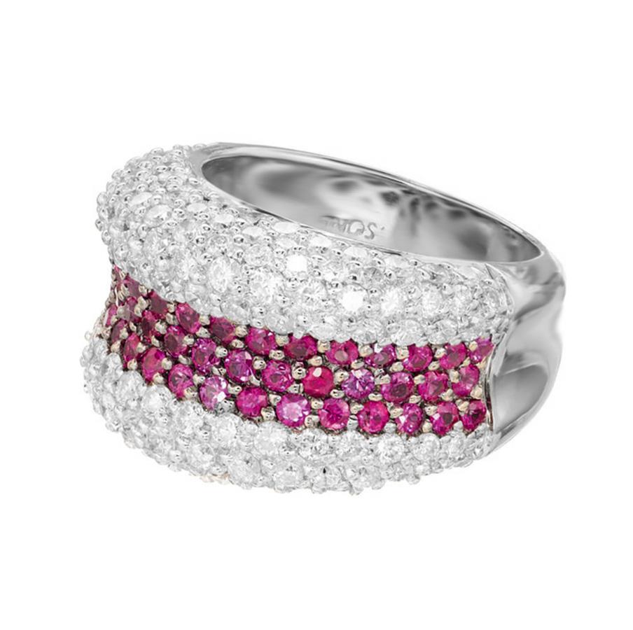 Authentic Sonia B ruby and diamond dome cocktail ring. This exquisite piece is artfully crafted with a luxurious blend of fifty three round fiery round rubies and 120 dazzling round diamonds, meticulously set into a stunning 18k white gold dome