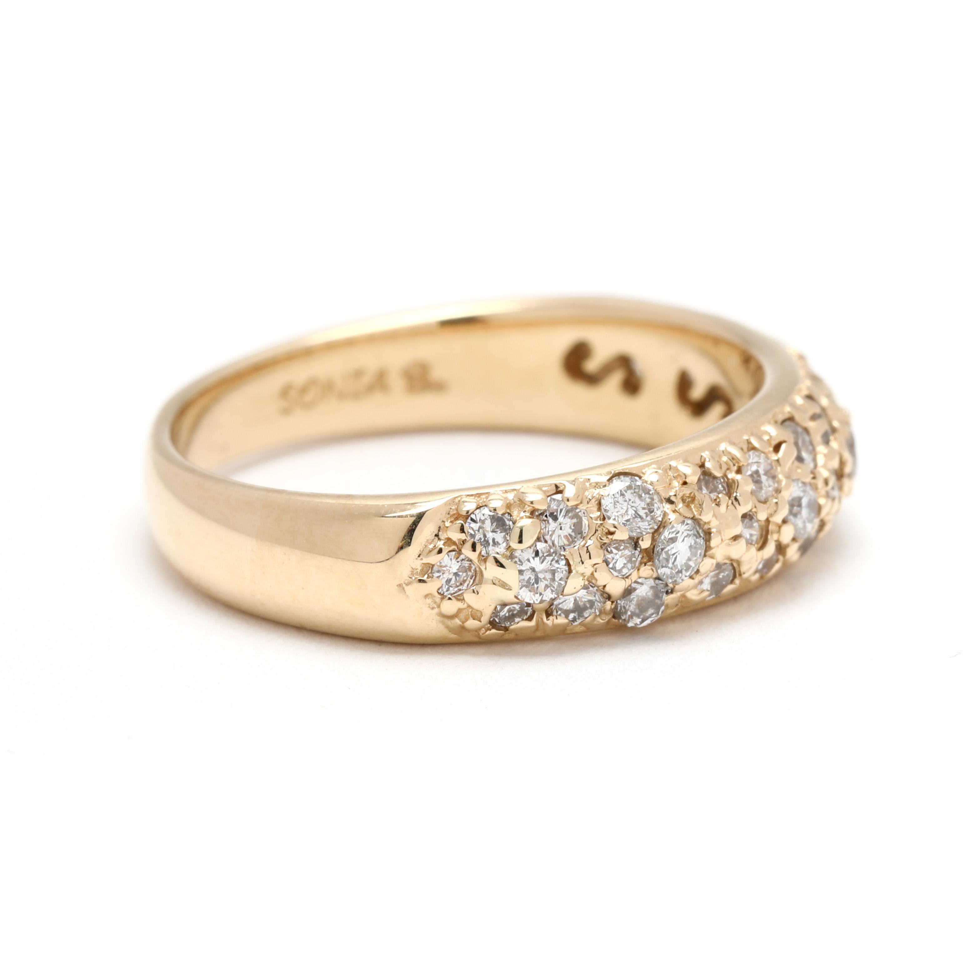 Stones:
diamonds
round brilliant cut
approximately .40 total carats
G-H color, SI1-I1 clarity

Ring Size 6

Width: 2.7 mm

Weight: 2.1 dwts. / 3.3 grams

Stamps: 