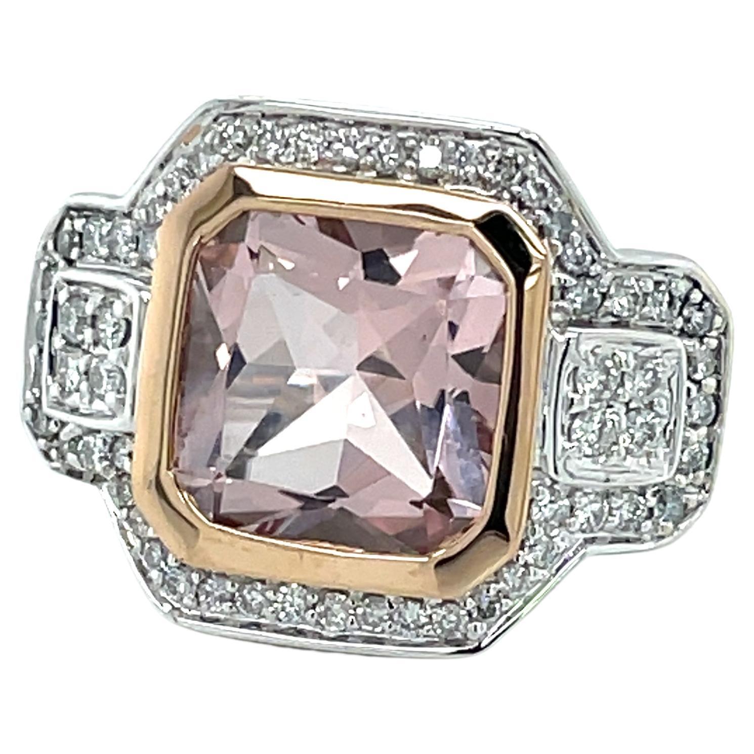 Express your mood wearing this serine violet 4.5 carat cushion cut Kunzite framed with a complementing 18 karat yellow gold bezel that makes the gemstone color pop. Surrounding the 10.8 x 10.8mm center stone are over one half carats of full cut