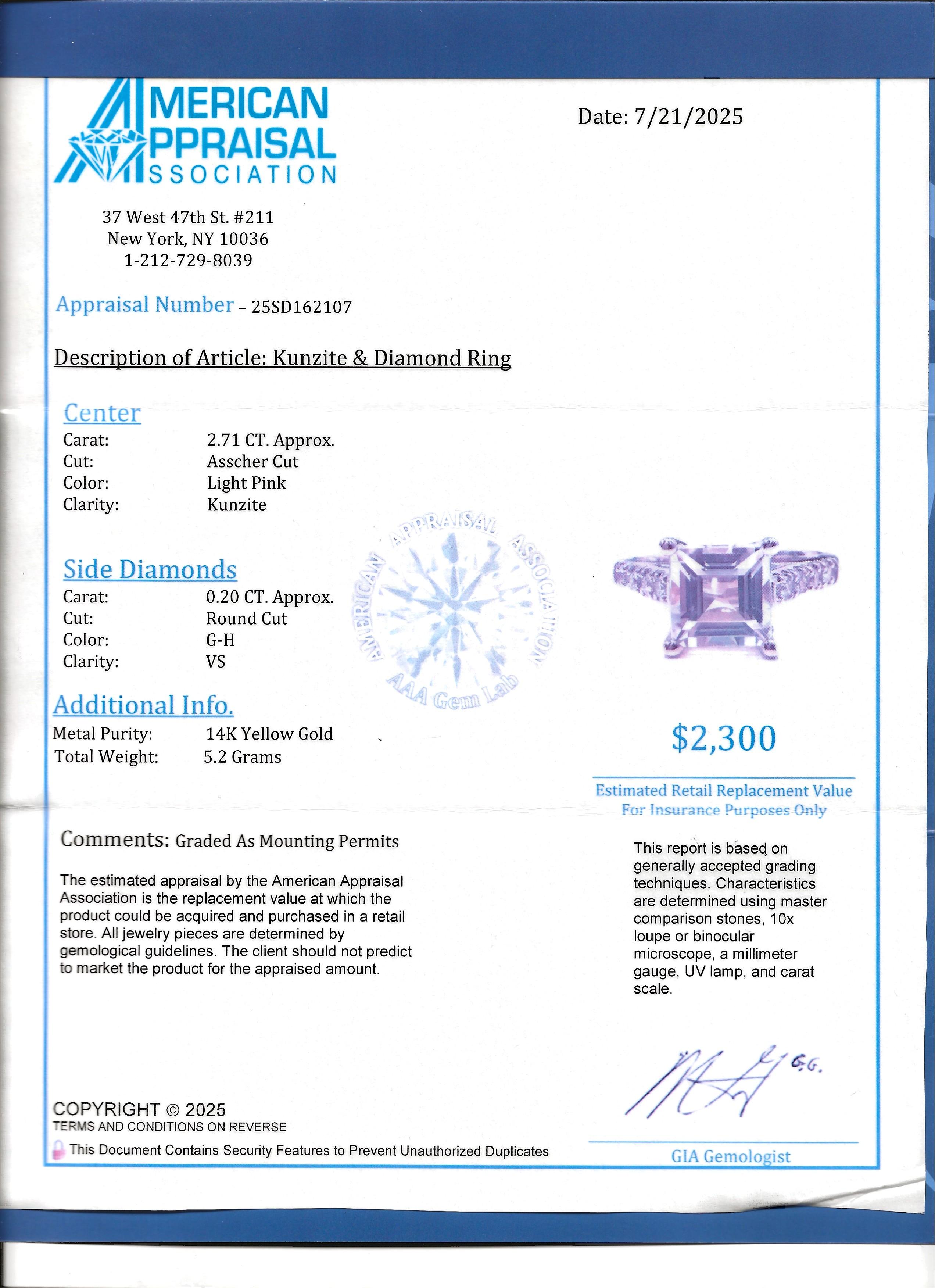 Sonia B. Bague solitaire en Kunzite taillée en Asscher et ornée d'un diamant en or 14 carats en vente 6