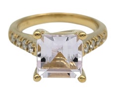 Sonia B. Asscher Cut Kunzite Solitaire Ring with Diamond Band in 14 Karat Gold