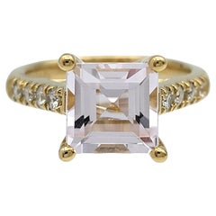 Sonia B. Asscher Cut Kunzite Solitaire Ring with Diamond Band in 14 Karat Gold