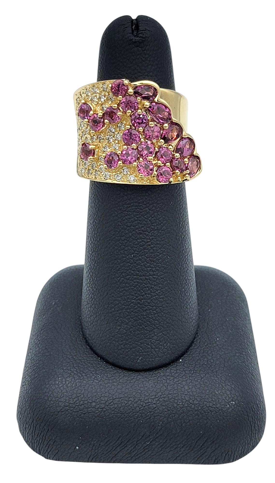 Sonia B. Asymmetrical Garnet Cluster Wide Band Ring with Diamonds 14 Karat Gold For Sale 4