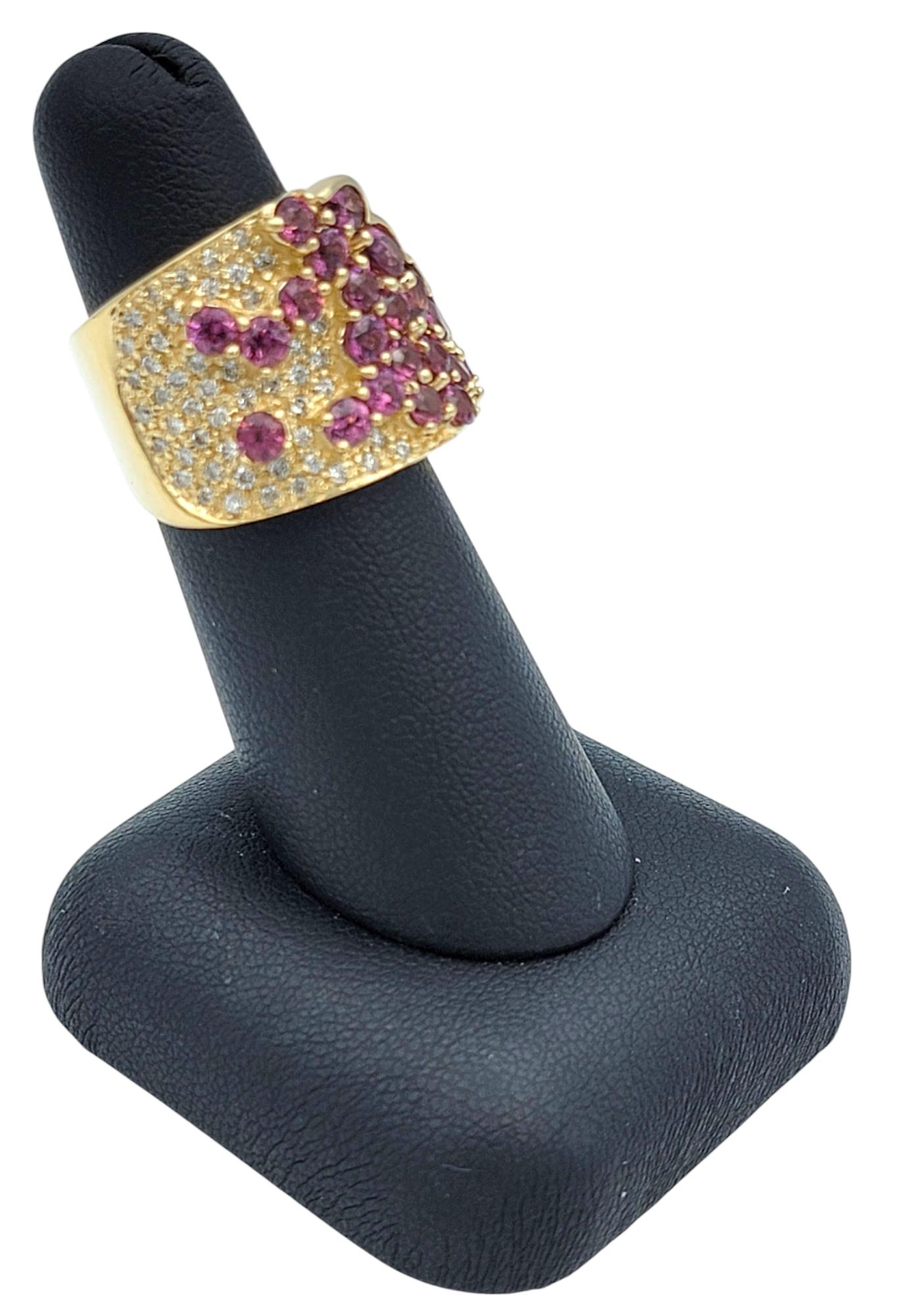 Sonia B. Asymmetrical Garnet Cluster Wide Band Ring with Diamonds 14 Karat Gold For Sale 5