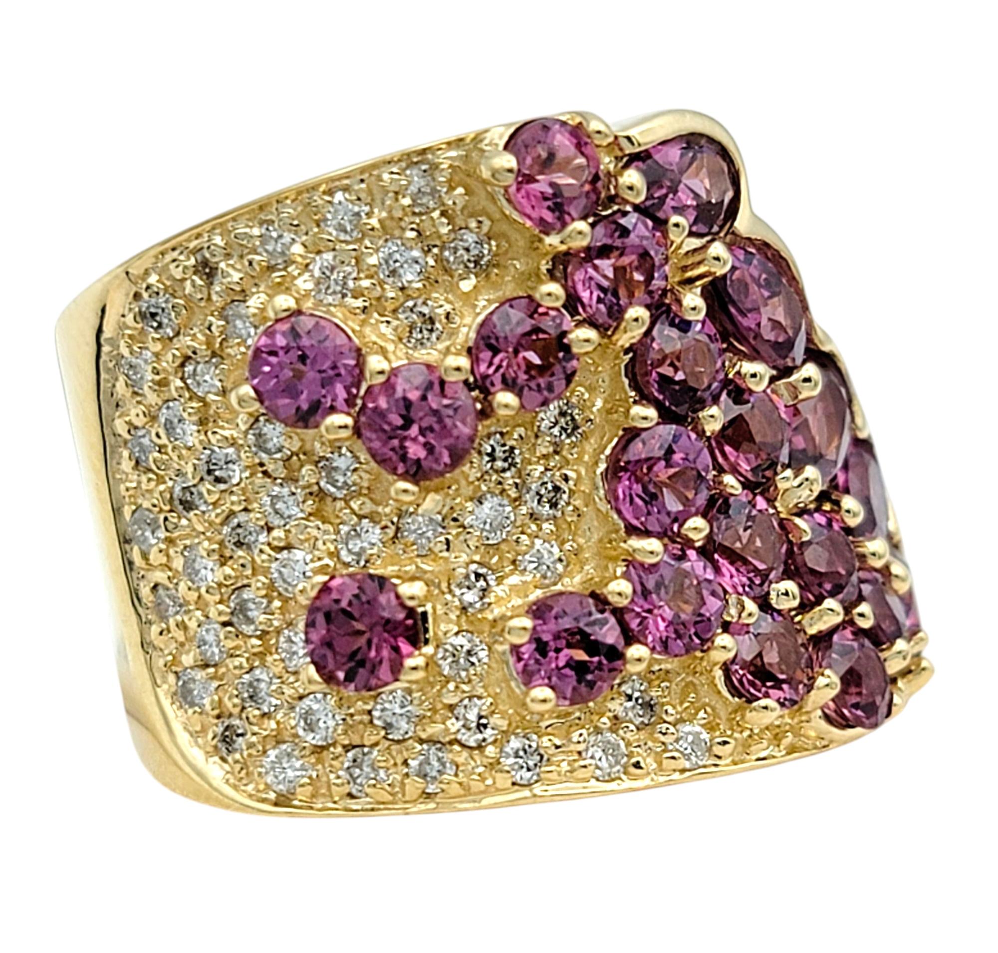 Contemporary Sonia B. Asymmetrical Garnet Cluster Wide Band Ring with Diamonds 14 Karat Gold For Sale