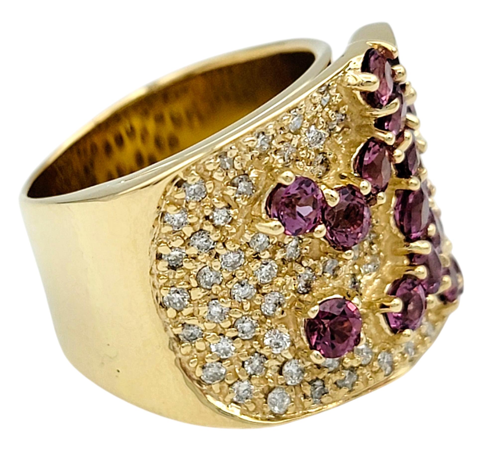 Round Cut Sonia B. Asymmetrical Garnet Cluster Wide Band Ring with Diamonds 14 Karat Gold For Sale