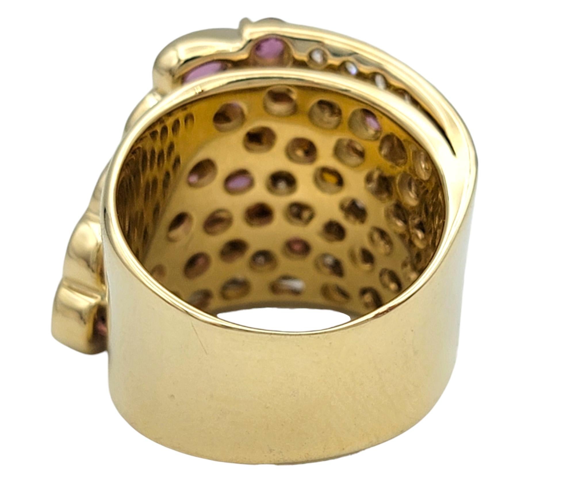 Women's Sonia B. Asymmetrical Garnet Cluster Wide Band Ring with Diamonds 14 Karat Gold For Sale
