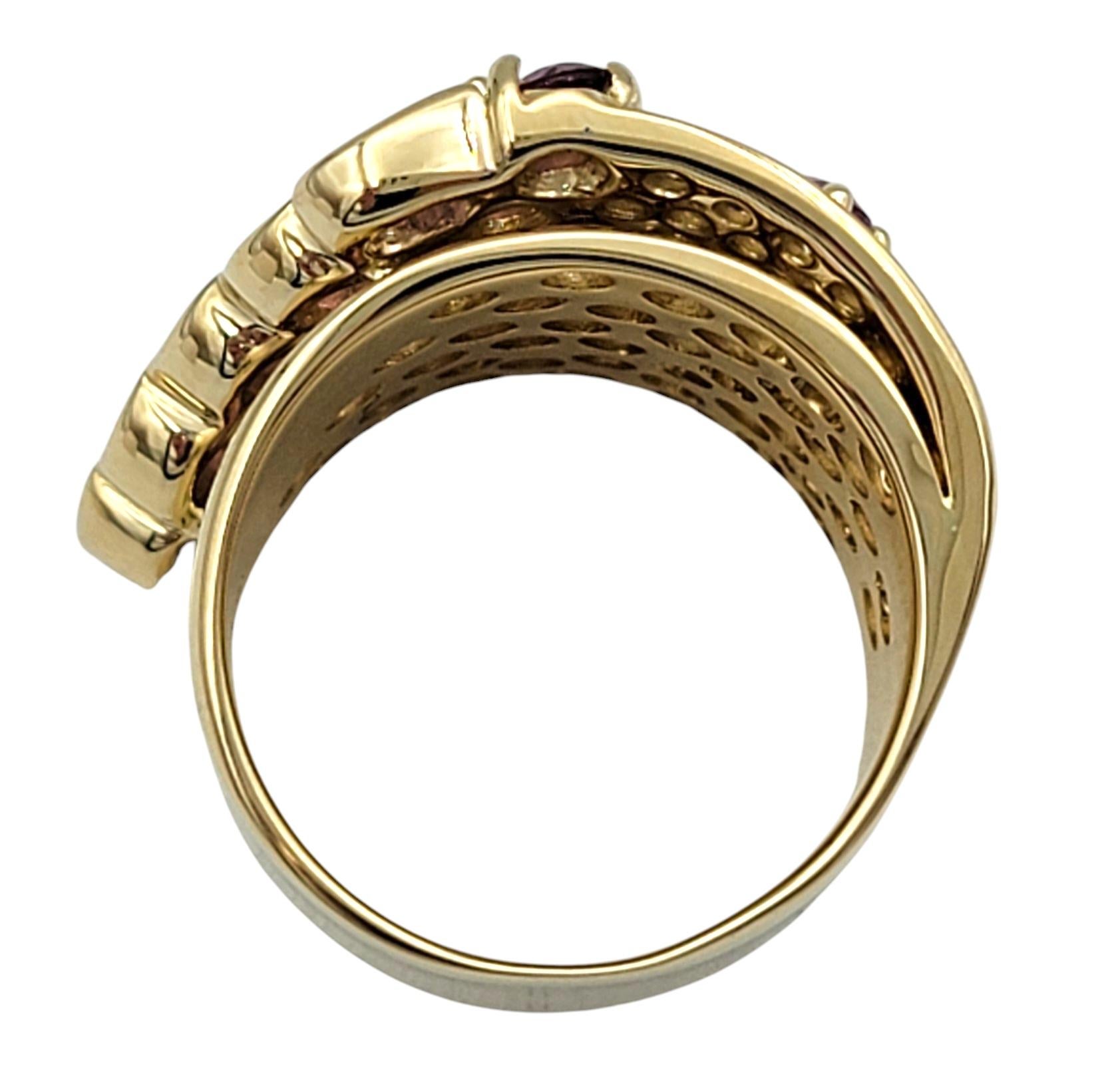 Sonia B. Asymmetrical Garnet Cluster Wide Band Ring with Diamonds 14 Karat Gold For Sale 1