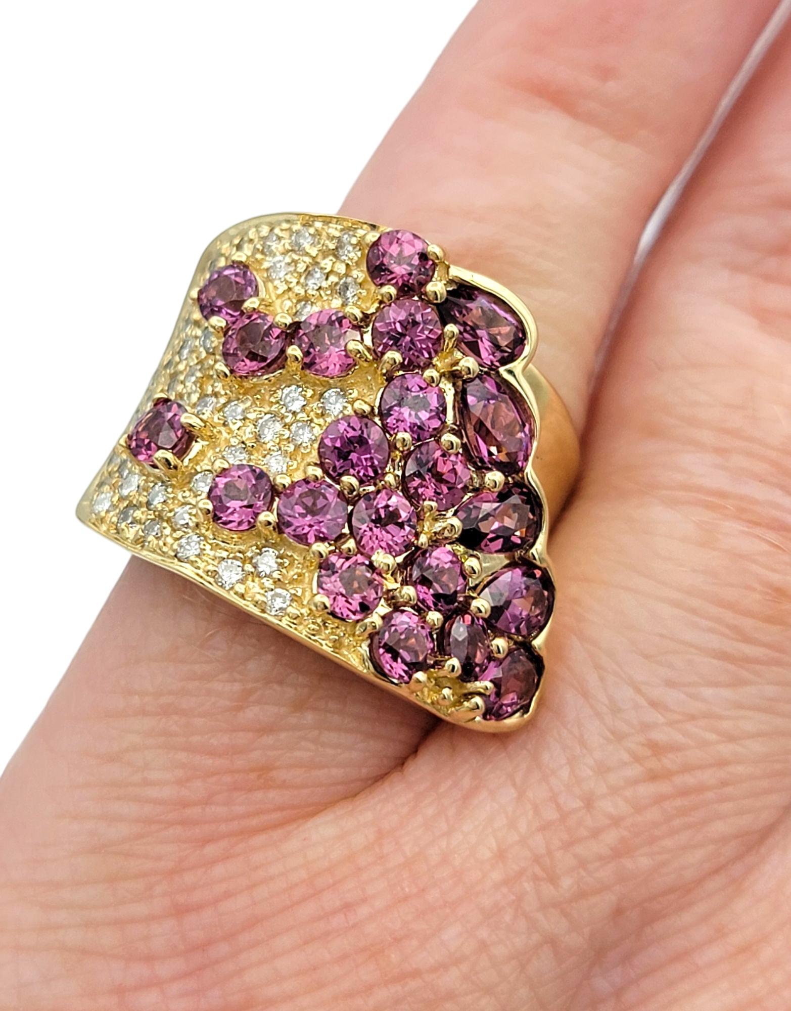Sonia B. Asymmetrical Garnet Cluster Wide Band Ring with Diamonds 14 Karat Gold For Sale 3