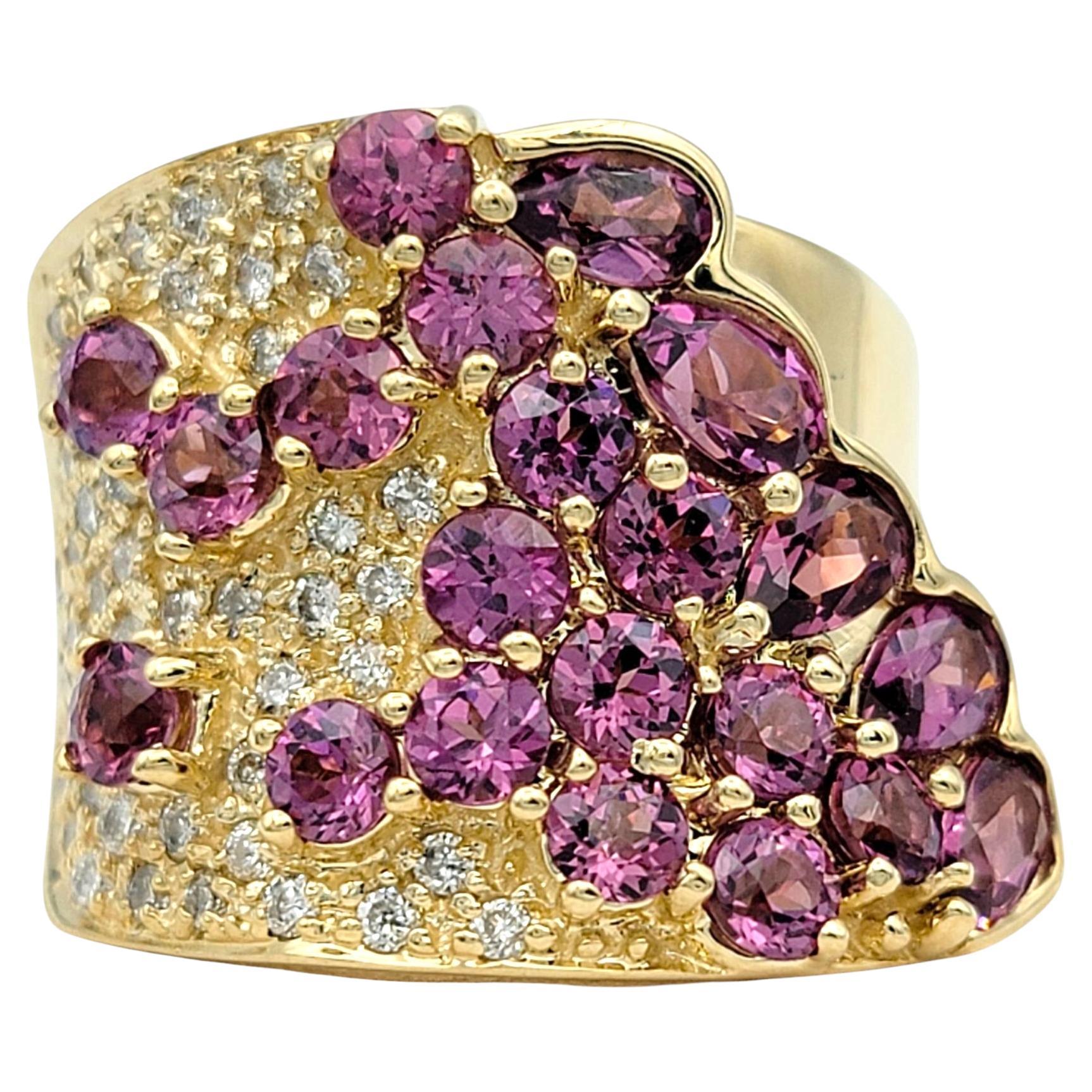 Sonia B. Asymmetrical Garnet Cluster Wide Band Ring with Diamonds 14 Karat Gold For Sale