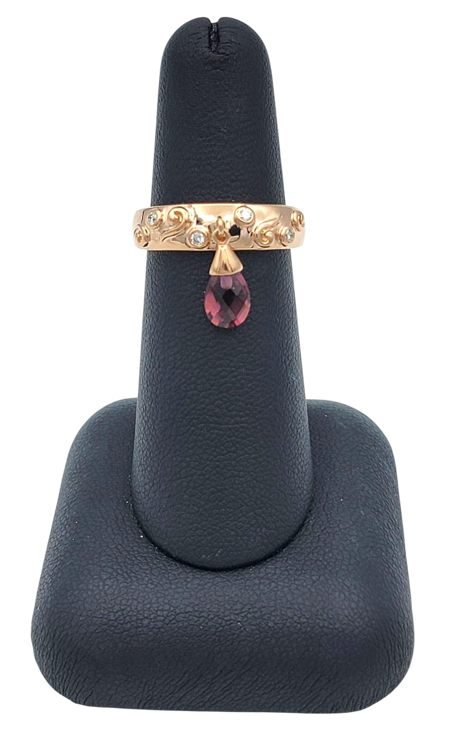 Sonia B. Dangling Pear Cut Garnet Scroll Motif Band Ring in 14 Karat Rose Gold For Sale 5