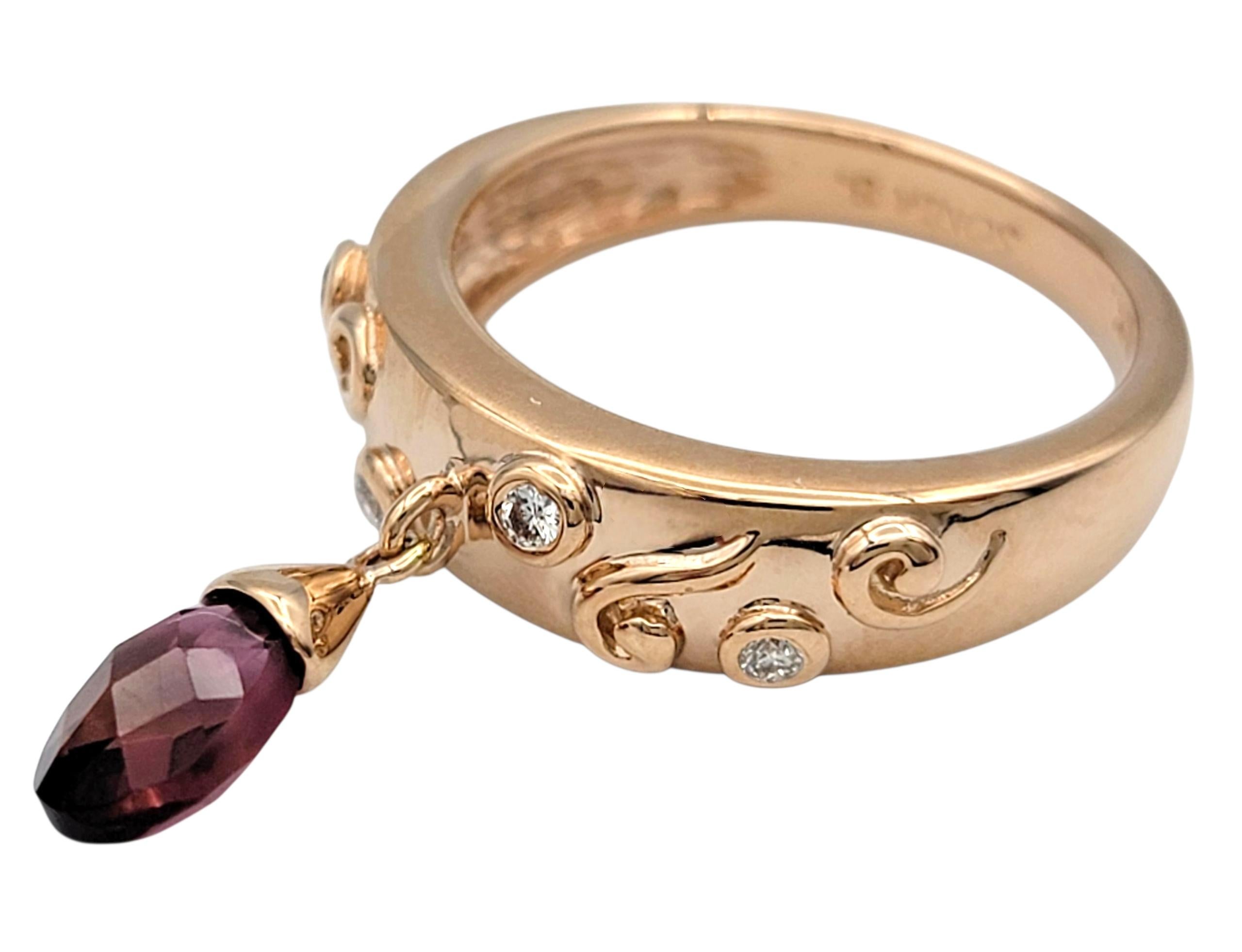 Sonia B. Dangling Pear Cut Garnet Scroll Motif Band Ring in 14 Karat Rose Gold In Good Condition For Sale In Scottsdale, AZ