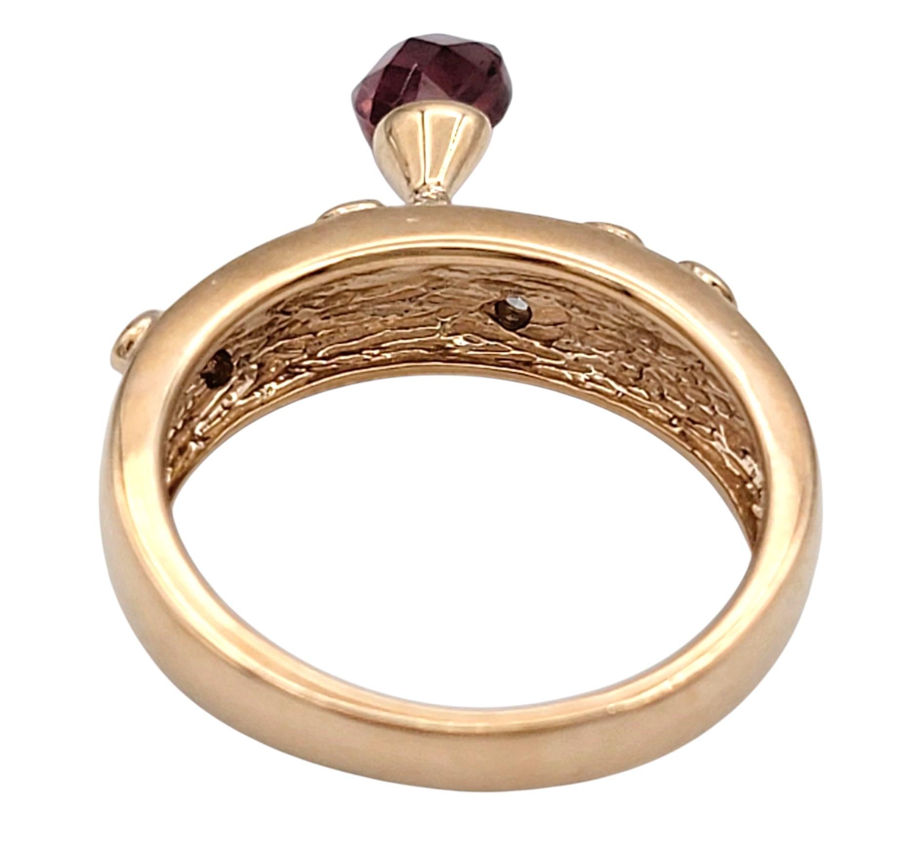 Women's Sonia B. Dangling Pear Cut Garnet Scroll Motif Band Ring in 14 Karat Rose Gold For Sale