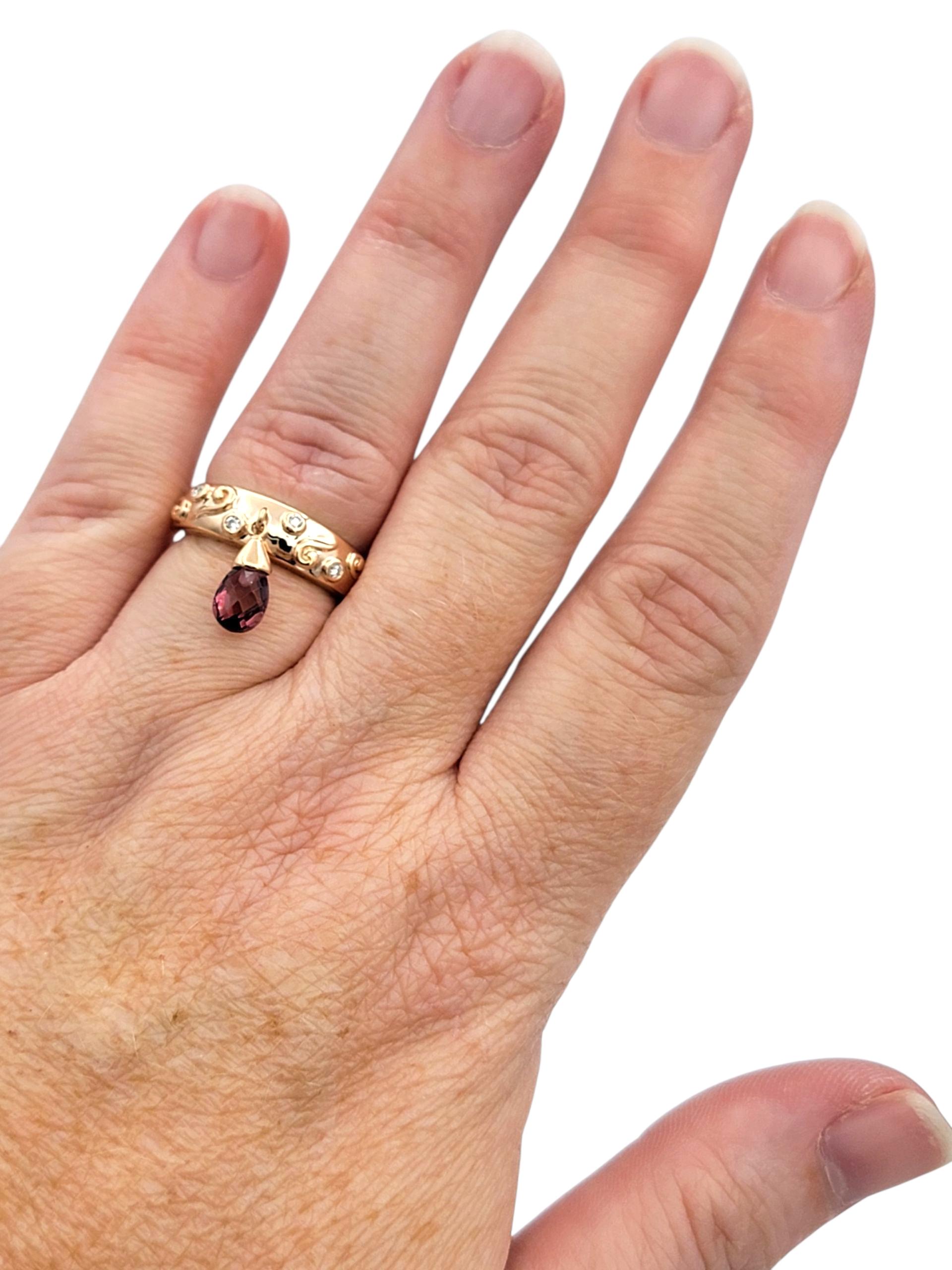 Sonia B. Dangling Pear Cut Garnet Scroll Motif Band Ring in 14 Karat Rose Gold For Sale 3
