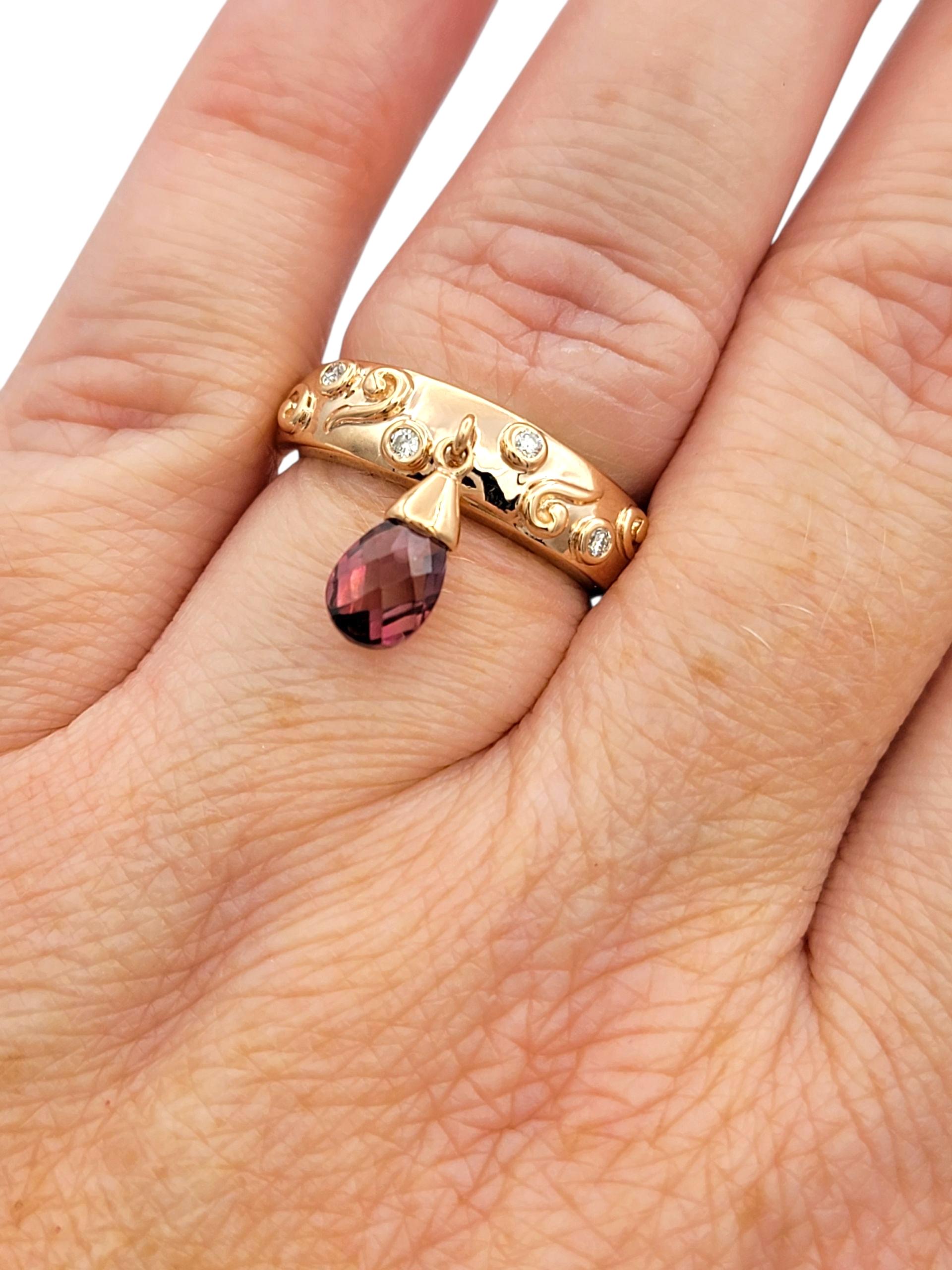 Sonia B. Dangling Pear Cut Garnet Scroll Motif Band Ring in 14 Karat Rose Gold For Sale 4