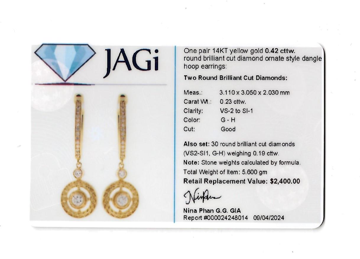 Sonia B. Designs Pendientes de aro con diamantes colgantes estilo ornamentado Oro amarillo de 14 quilates en venta 4