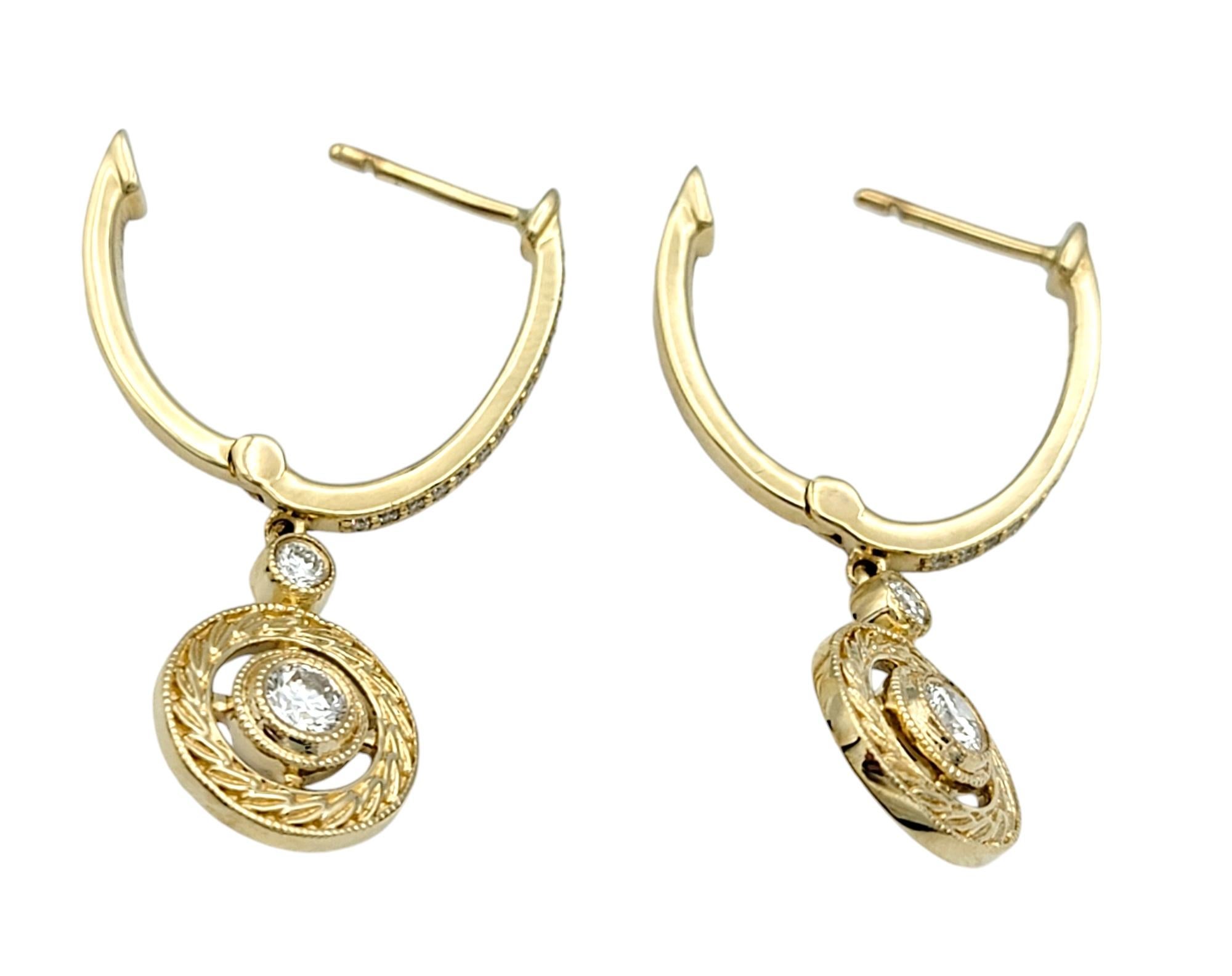 Sonia B. Designs Pendientes de aro con diamantes colgantes estilo ornamentado Oro amarillo de 14 quilates Contemporáneo en venta