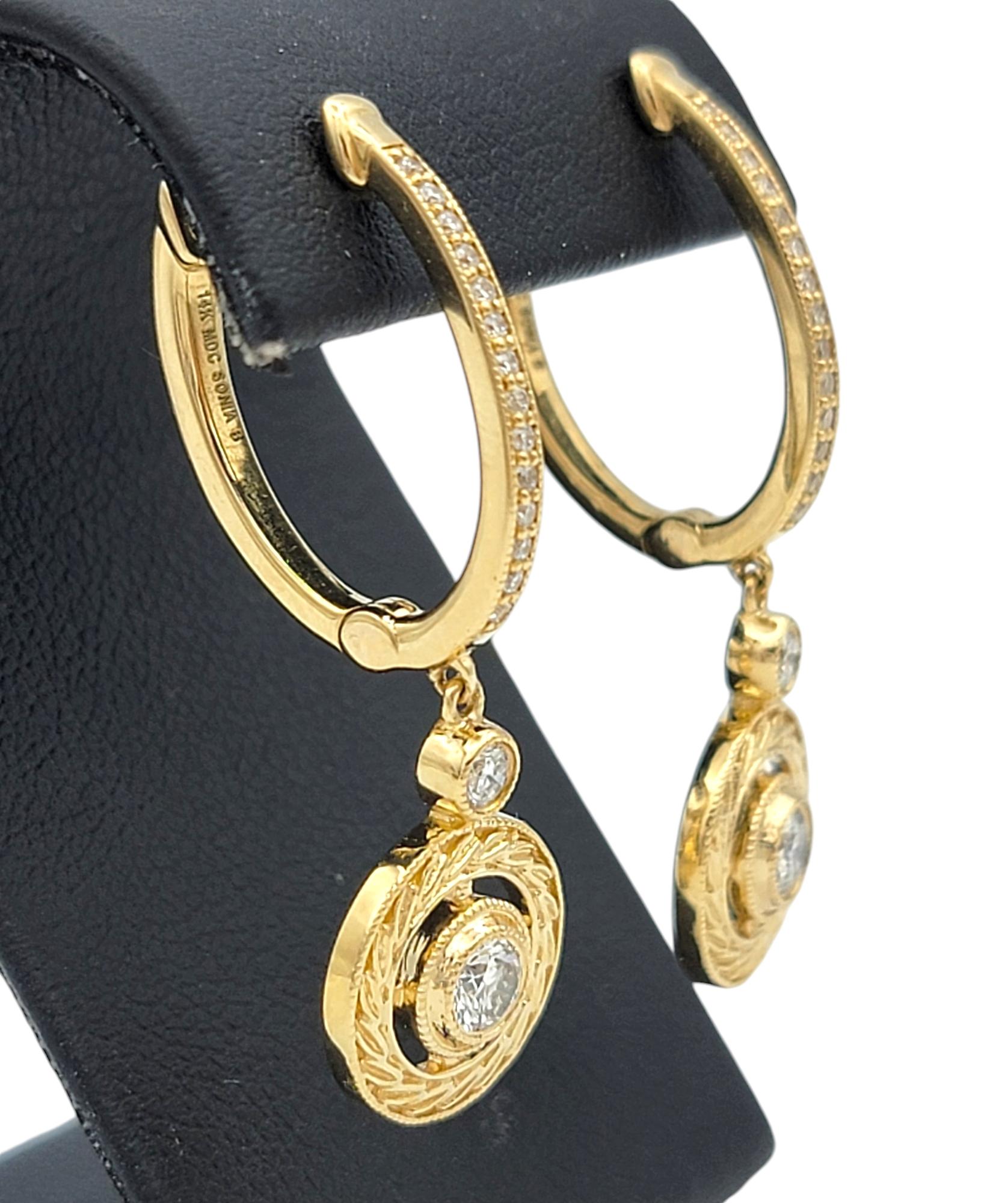 Sonia B. Designs Pendientes de aro con diamantes colgantes estilo ornamentado Oro amarillo de 14 quilates en venta 2