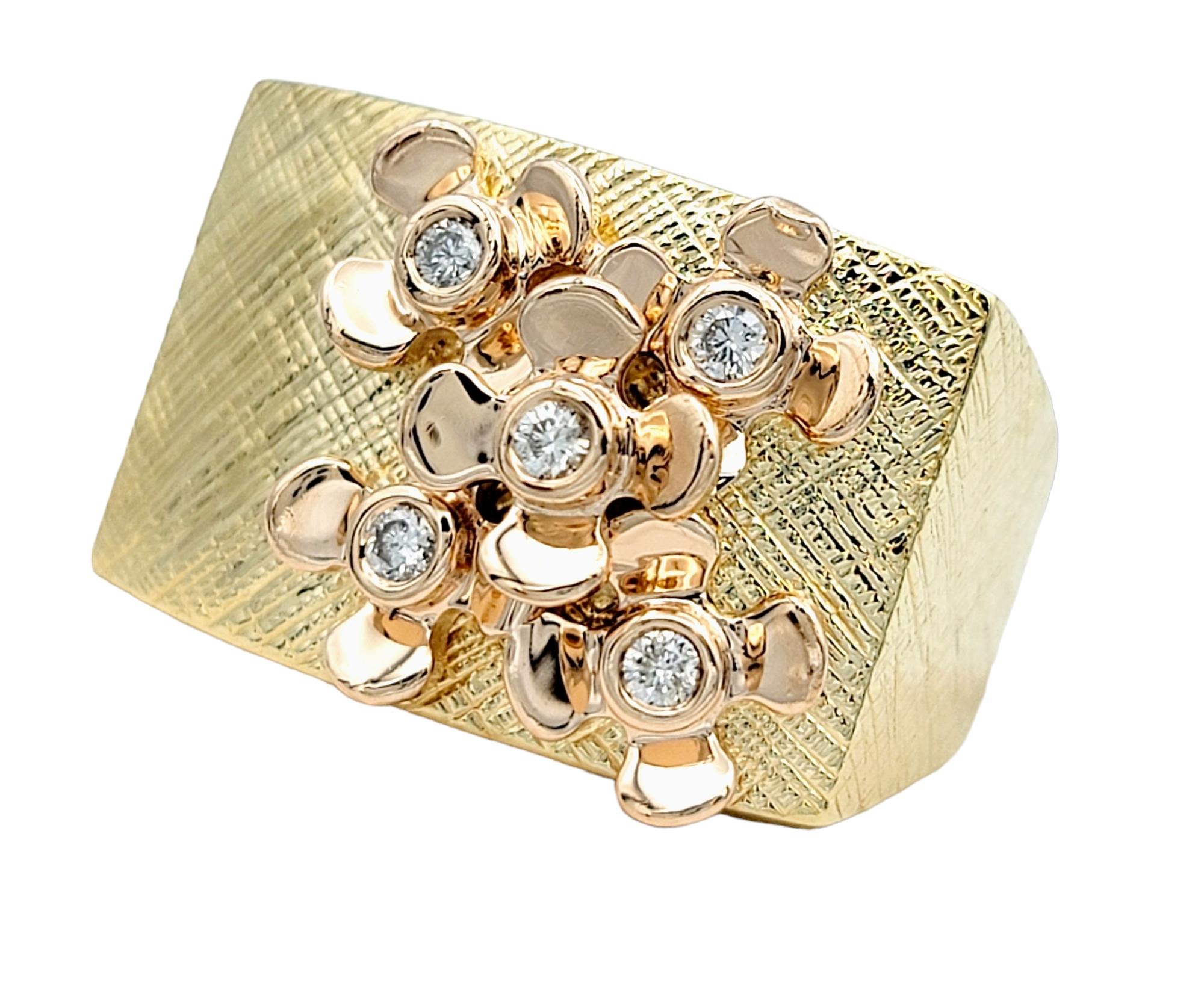 Ring size: 8

Introducing an elegant and stylish piece by Sonia B. Designs: a two toned floral motif cocktail ring with diamonds. A true beauty that seamlessly blends classic sophistication with contemporary flair. 

At the heart of the ring lies a