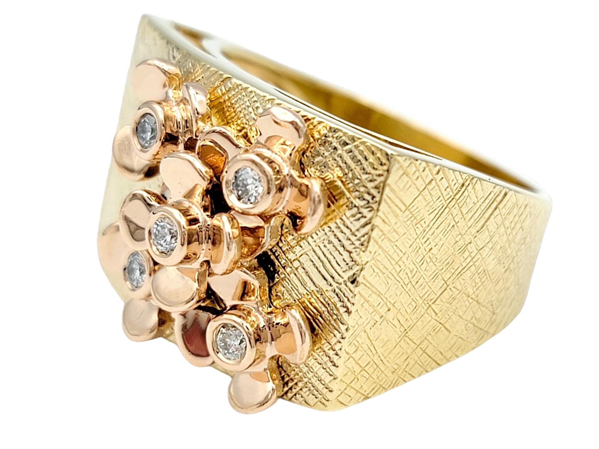 Contemporary Sonia B. Designs Two-Tone Gold Cocktail Ring with Diamond Accented Flower Motif For Sale