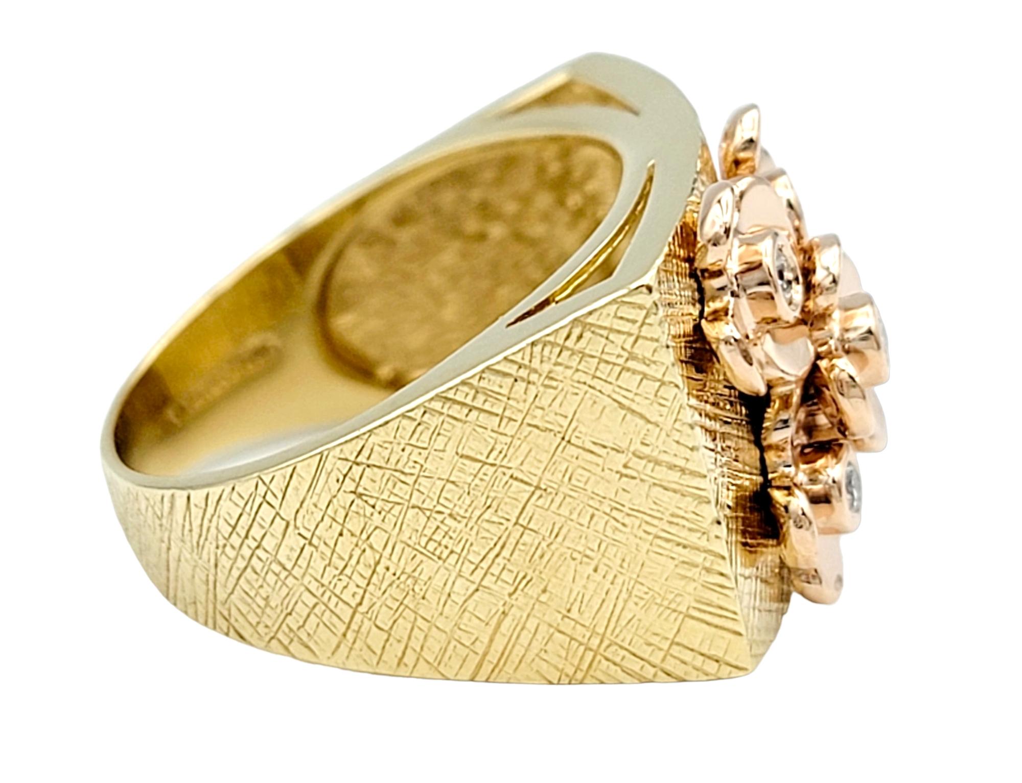 Round Cut Sonia B. Designs Two-Tone Gold Cocktail Ring with Diamond Accented Flower Motif For Sale