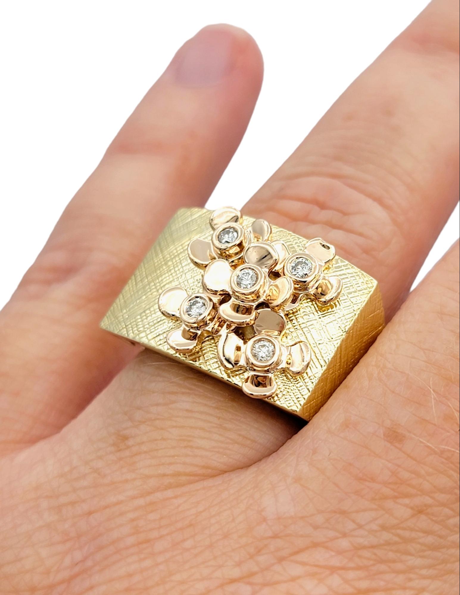 Sonia B. Designs Two-Tone Gold Cocktail Ring with Diamond Accented Flower Motif For Sale 2