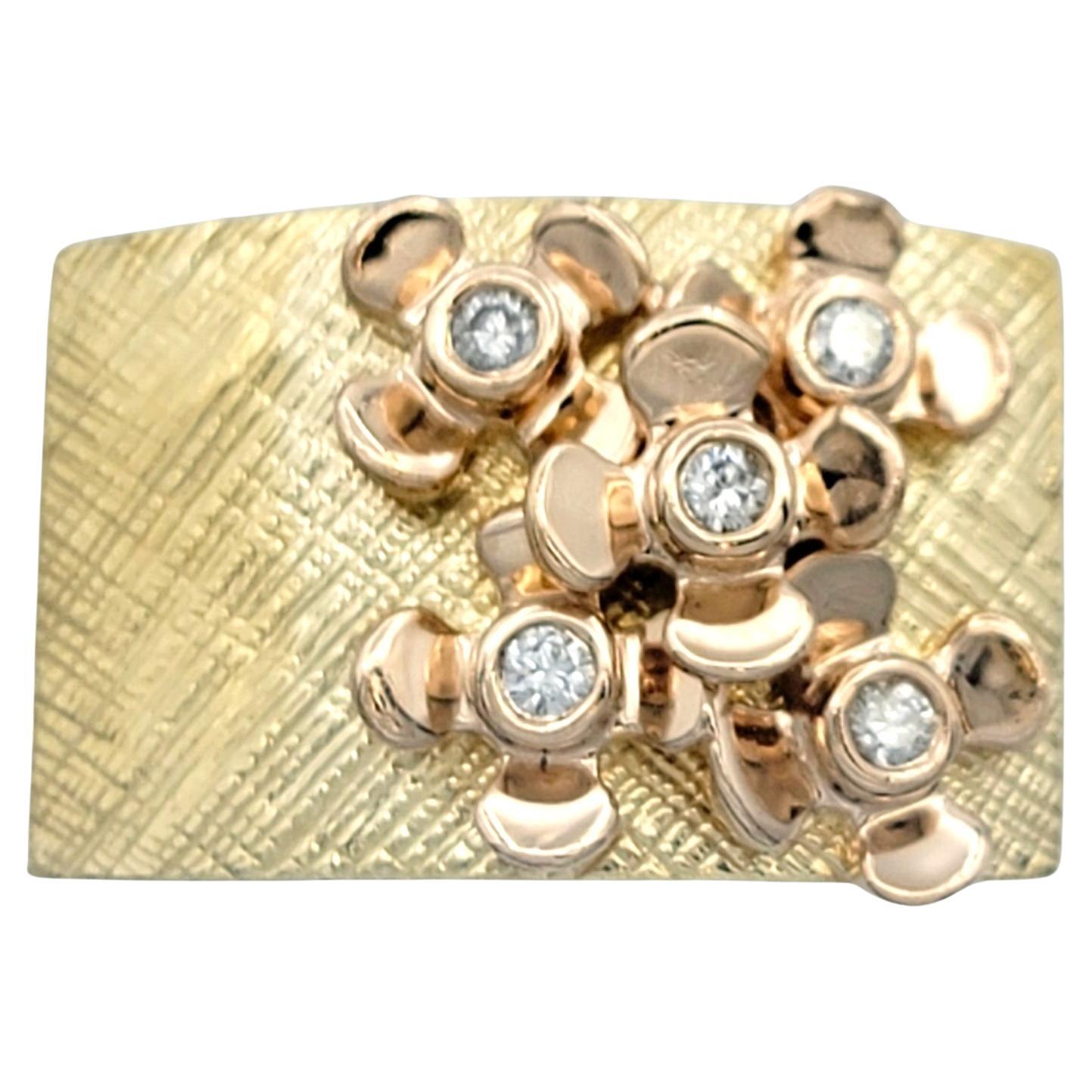Sonia B. Designs Two-Tone Gold Cocktail Ring with Diamond Accented Flower Motif For Sale