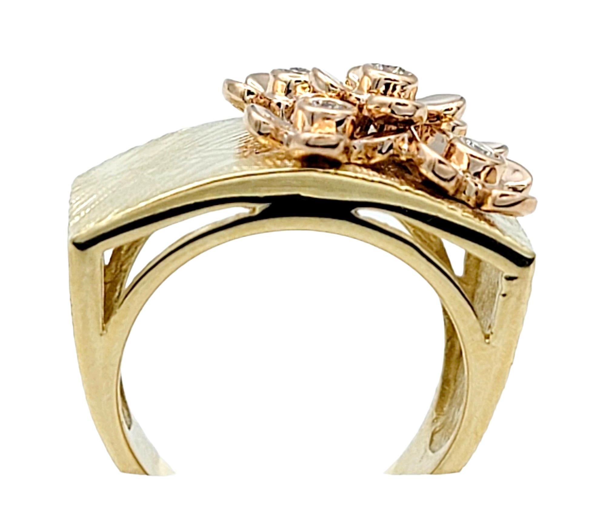 Contemporary Sonia B. Designs Two-Tone Gold Cocktail Ring with Diamond Accented Flower Motifs For Sale
