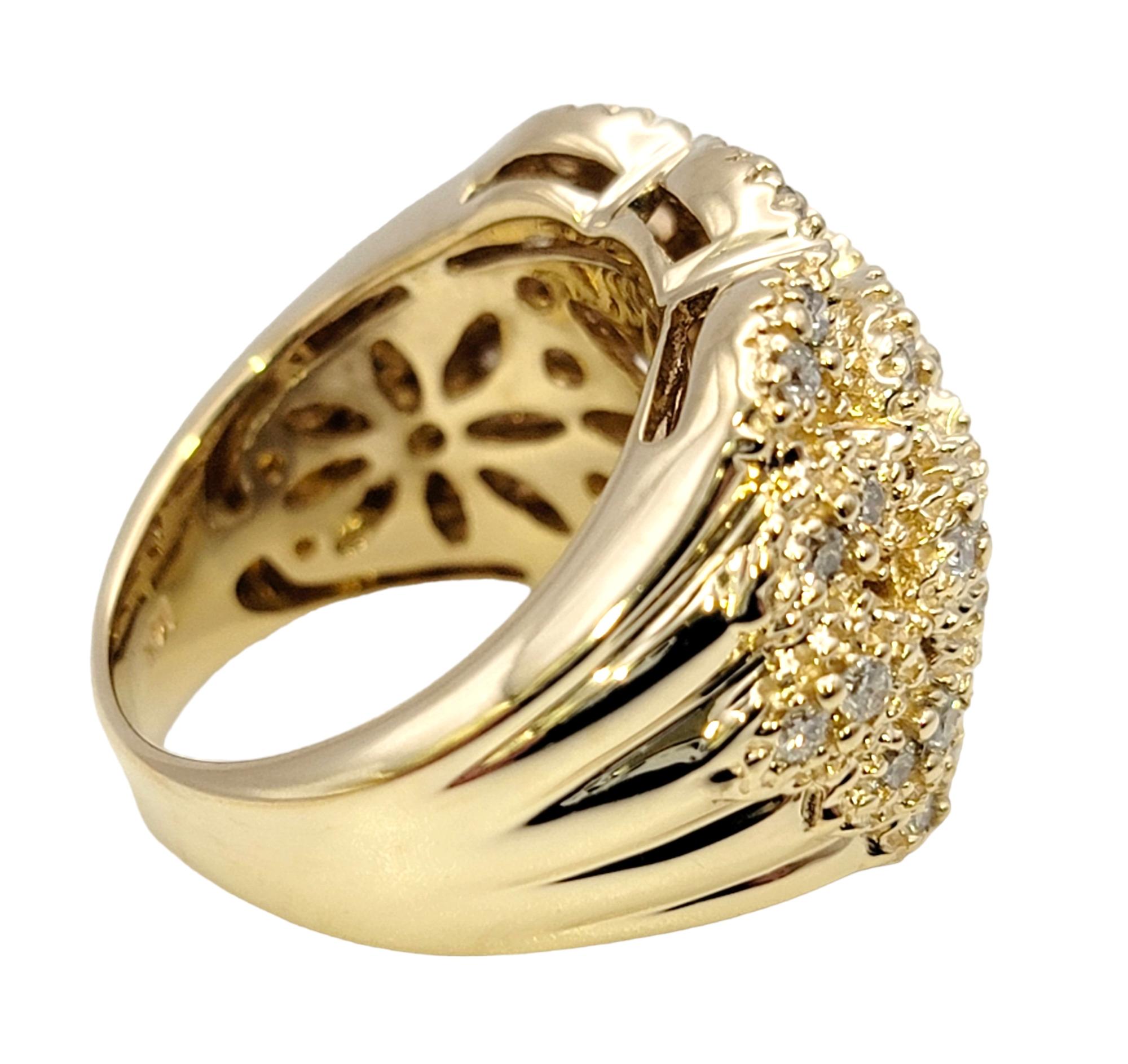 Round Cut Sonia B. Diamond Multi Row Wide Domed Cocktail Ring in 14 Karat Yellow Gold For Sale